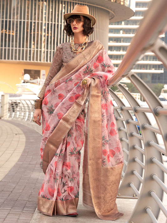 Women's Tissue Grey Woven Design Designer Saree With Blouse Piece