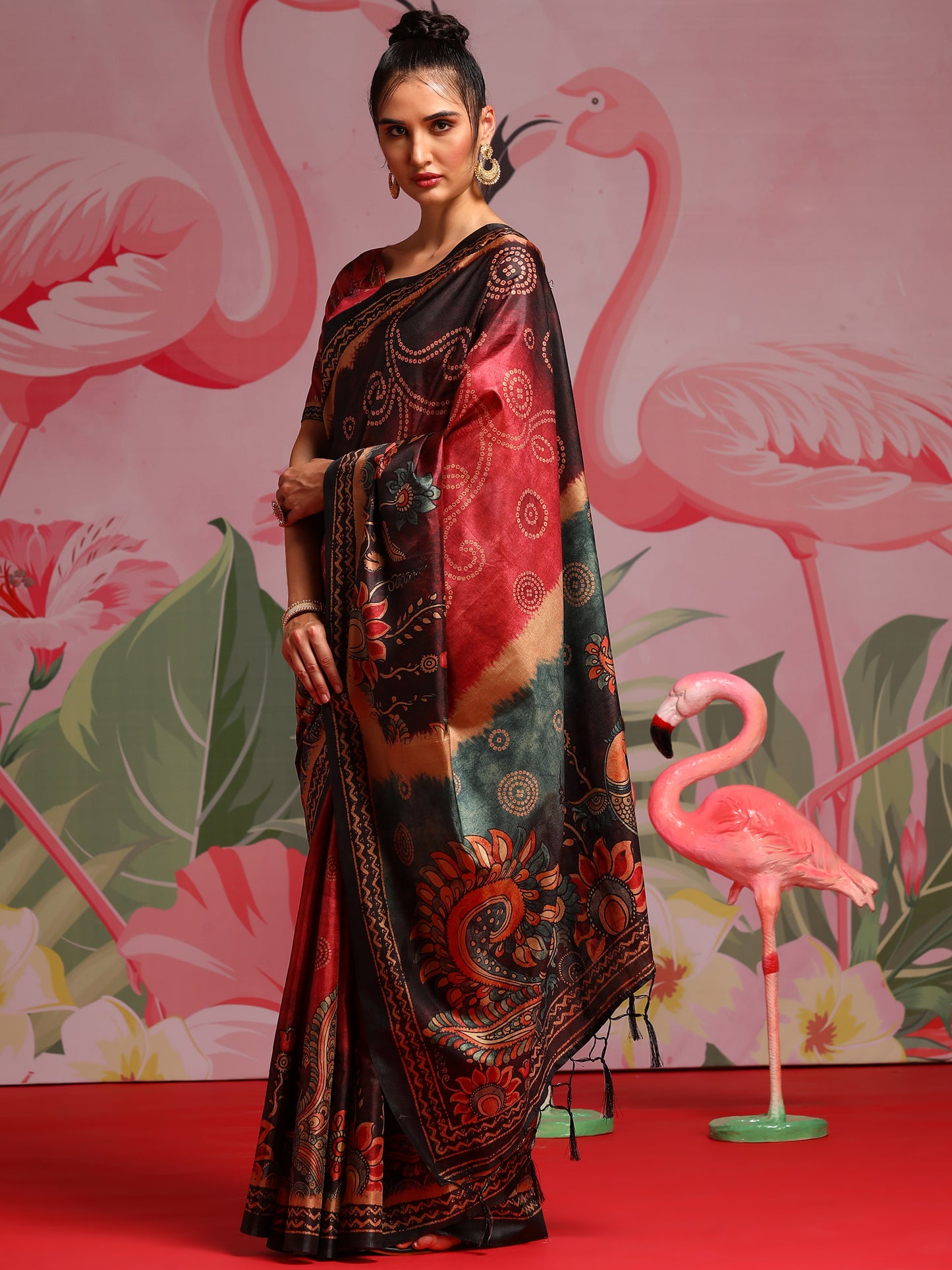 Women's Silk Blend Red Printed Designer Saree With Blouse Piece