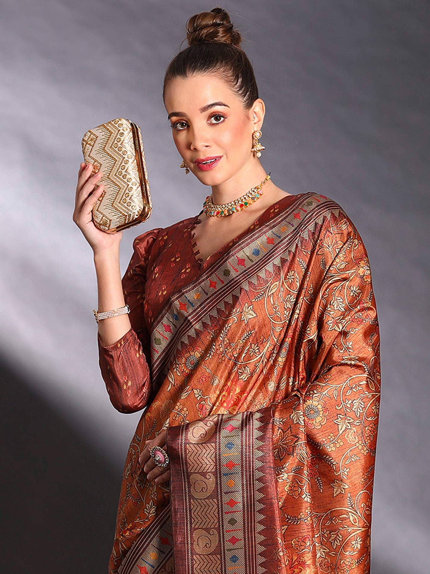 Women's Cotton Blend Rust Printed Designer Saree With Blouse Piece