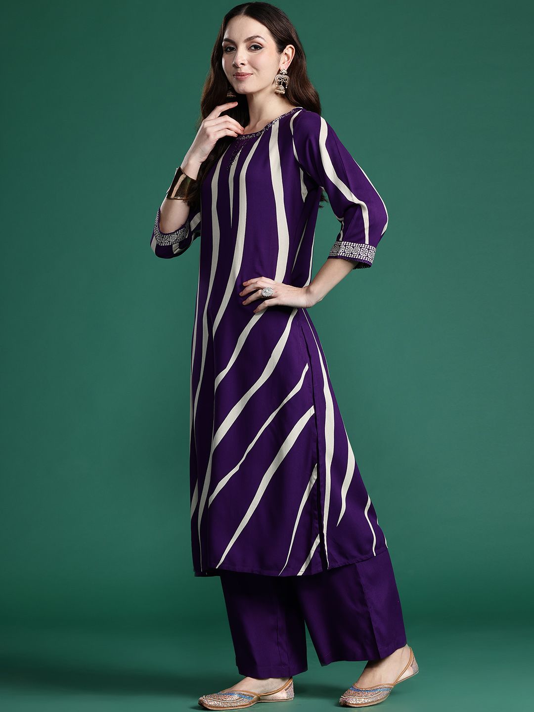 Dhiyona IE Printed Beads and Stones Kurta with Palazzos