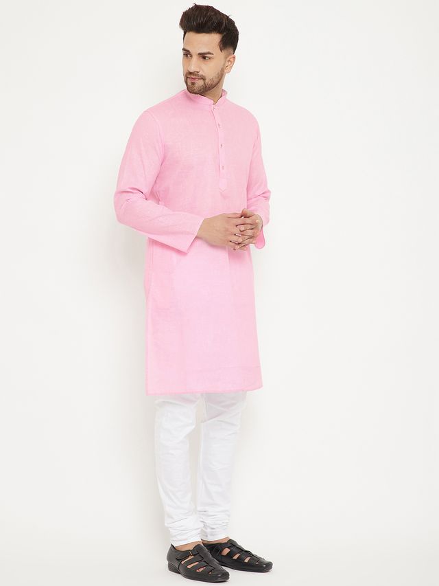 Men's Pink Cotton Blend Straight Kurta Pyjama Set