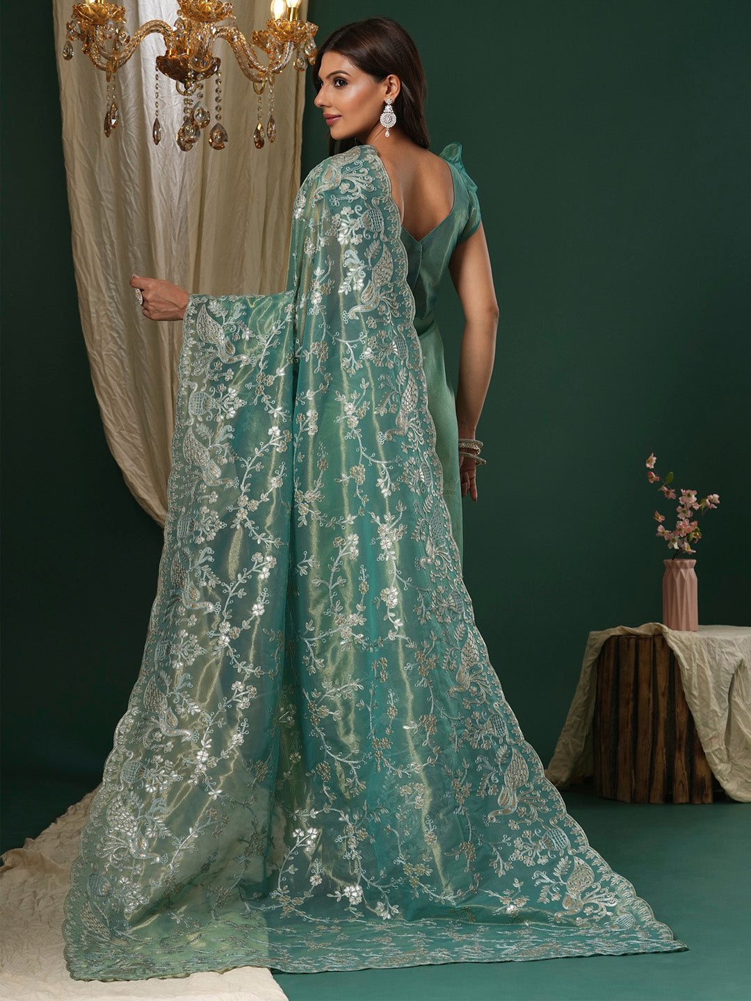 Women's Organza Teal blue Embroidered Designer Saree With Blouse Piece