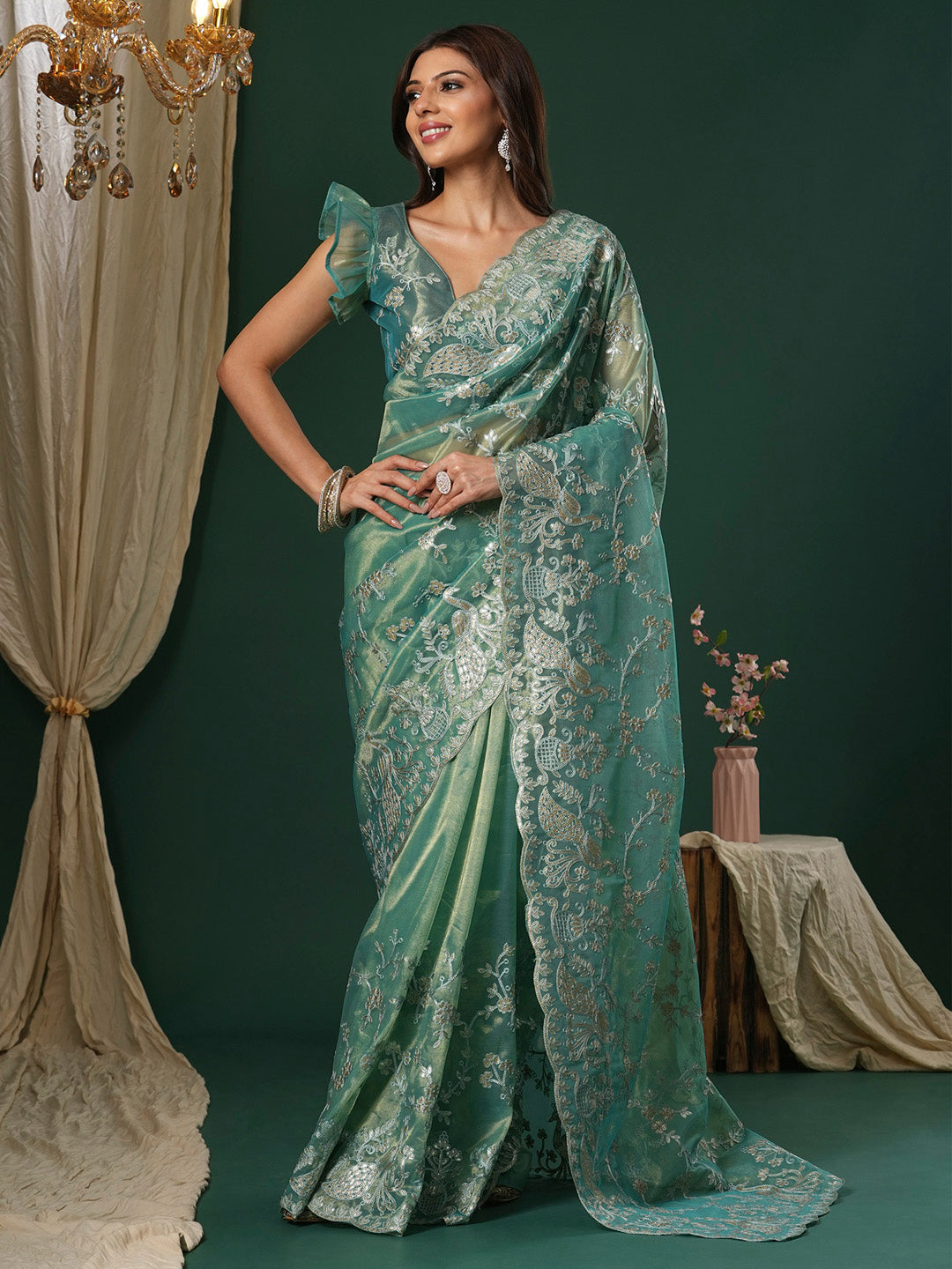 Women's Organza Teal blue Embroidered Designer Saree With Blouse Piece