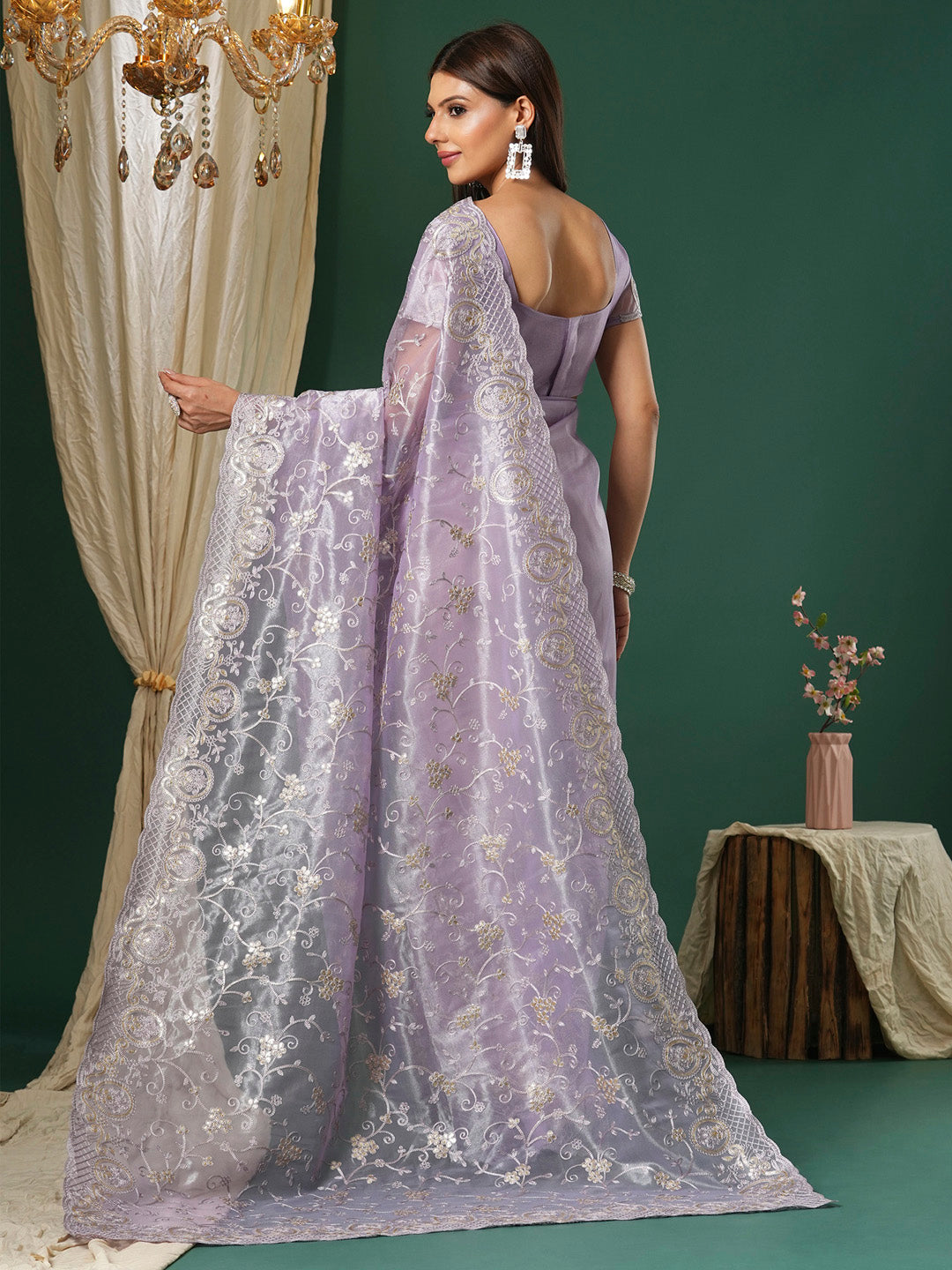 Women's Organza Lavendar Embroidered Designer Saree With Blouse Piece