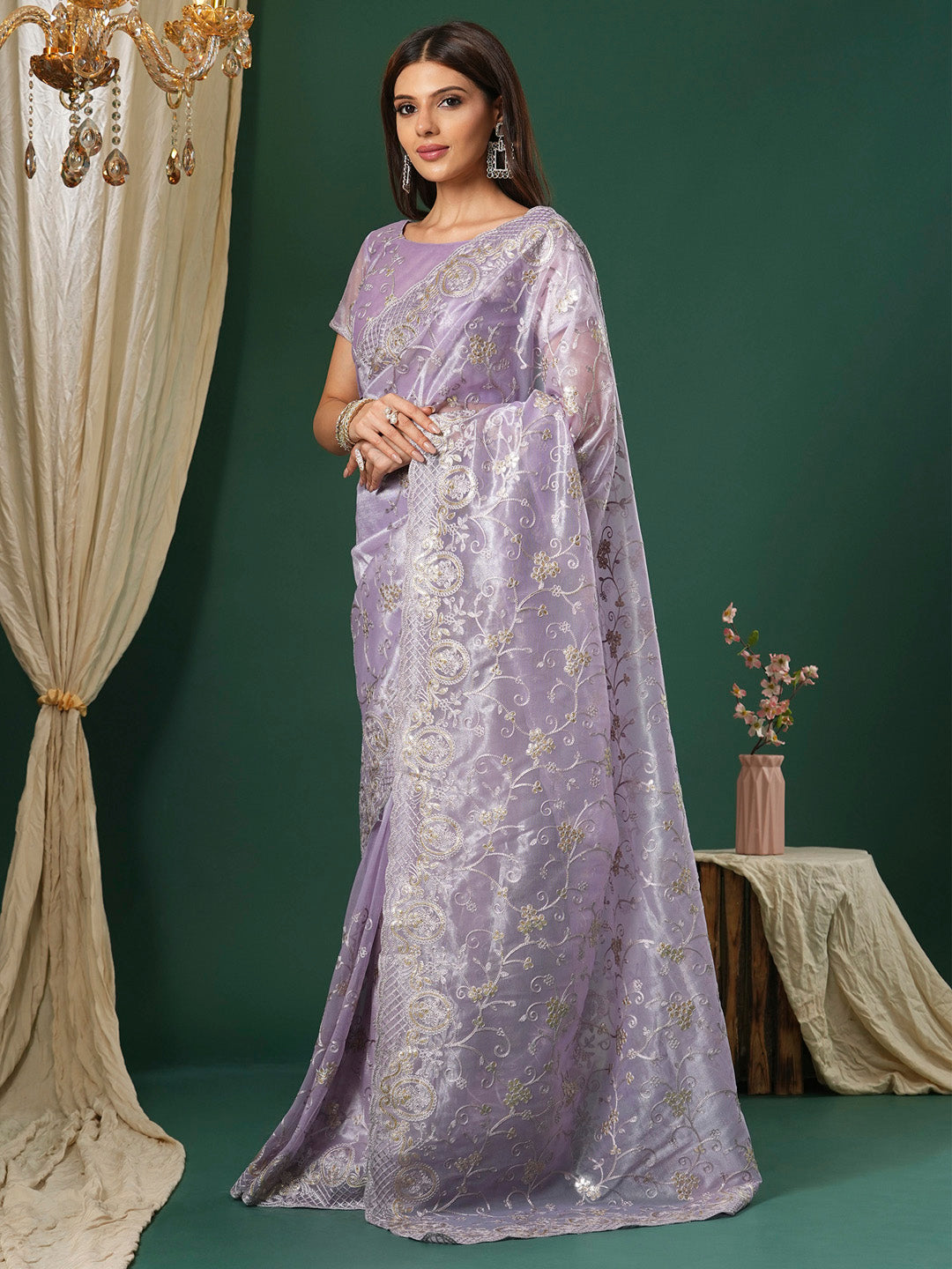 Women's Organza Lavendar Embroidered Designer Saree With Blouse Piece