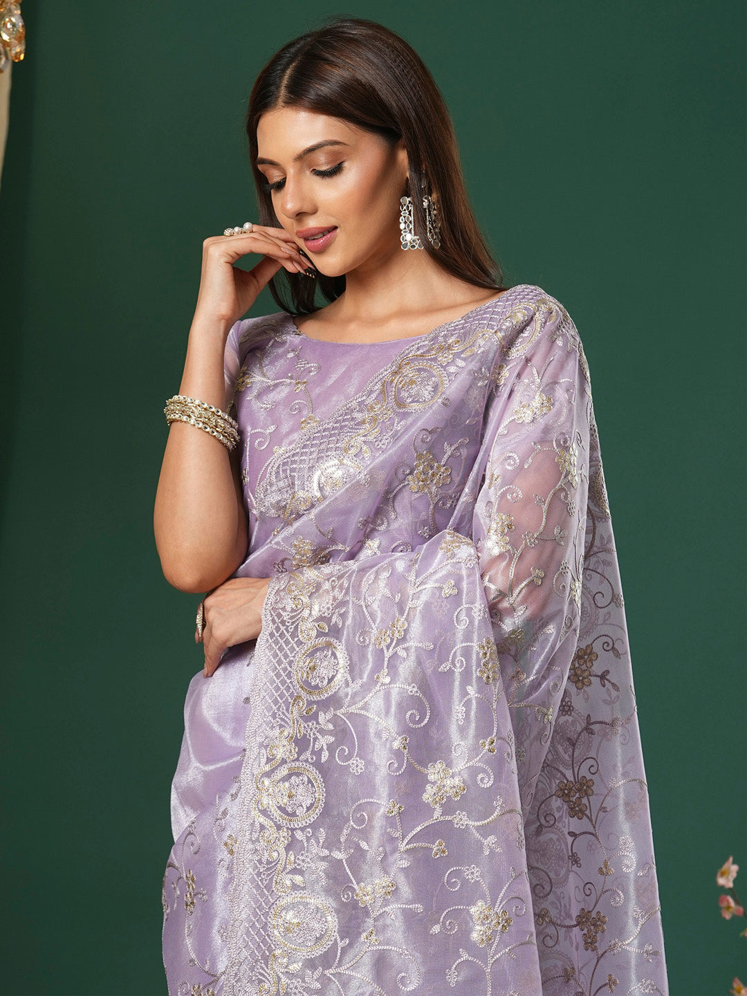 Women's Organza Lavendar Embroidered Designer Saree With Blouse Piece