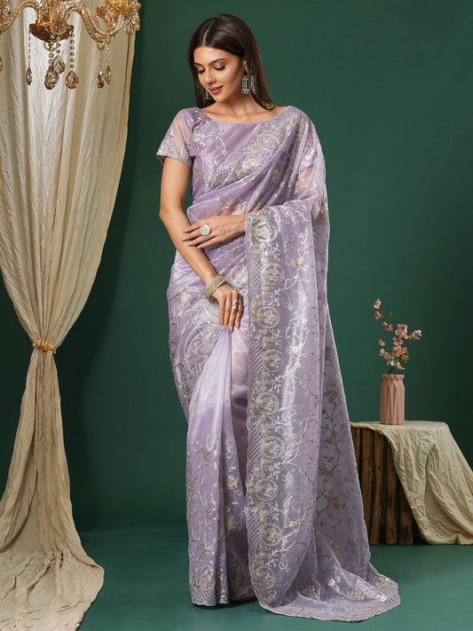 Women's Organza Lavendar Embroidered Designer Saree With Blouse Piece