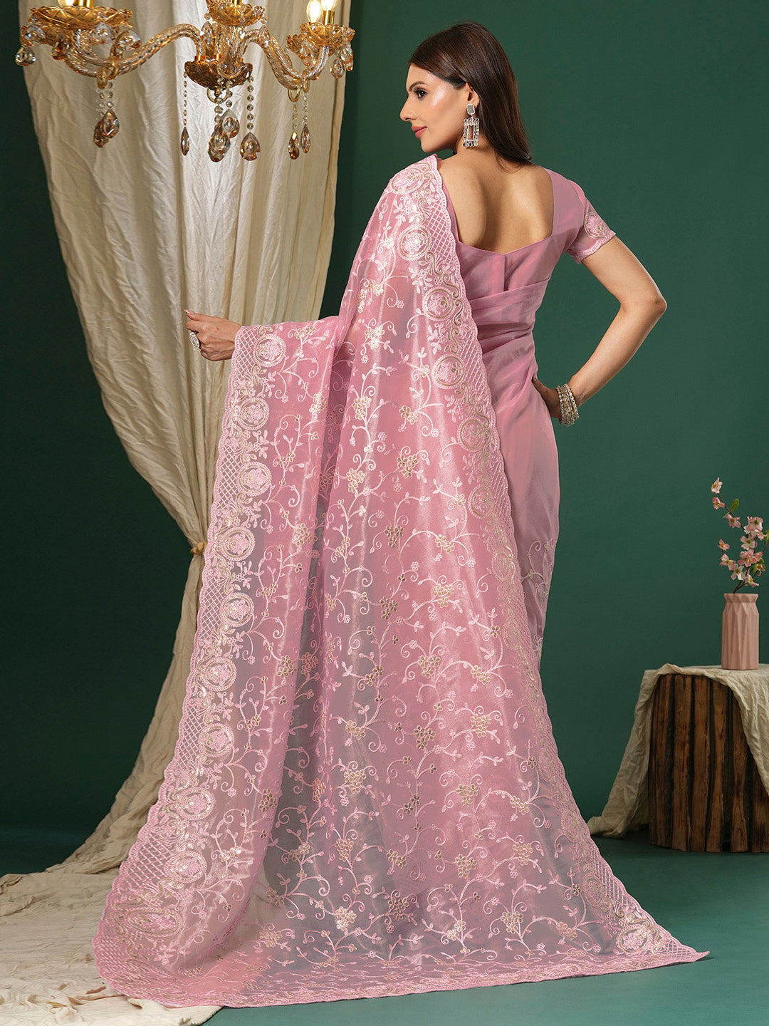 Women's Organza Pink Embroidered Designer Saree With Blouse Piece