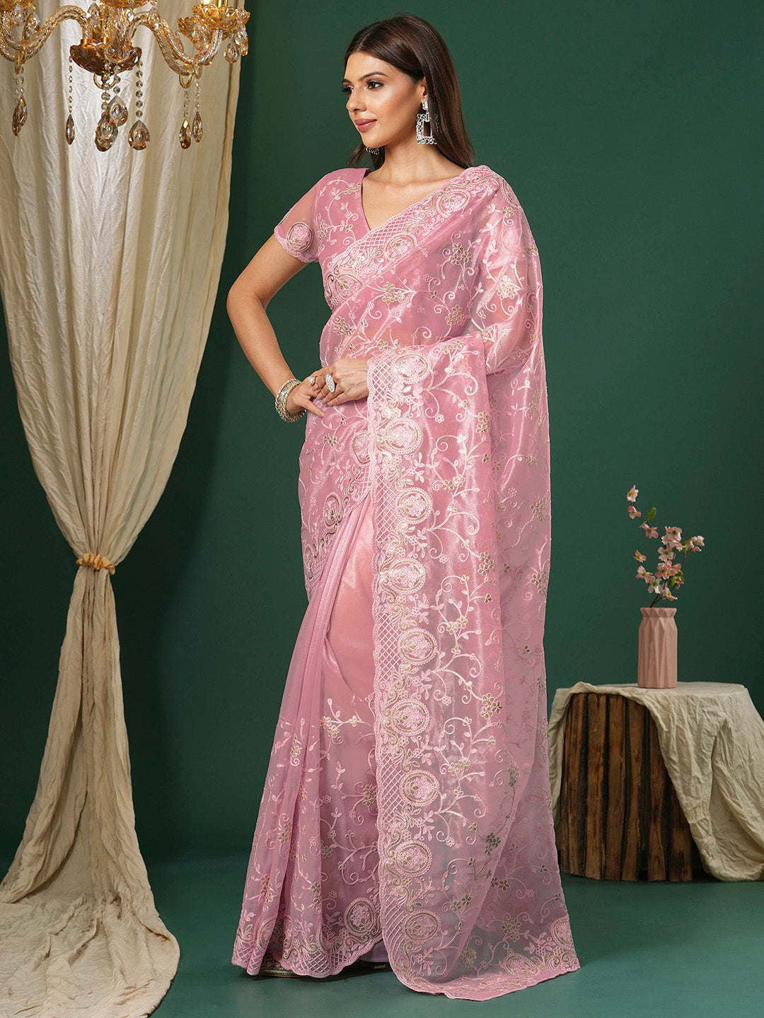 Women's Organza Pink Embroidered Designer Saree With Blouse Piece