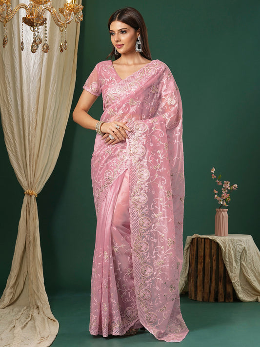 Women's Organza Pink Embroidered Designer Saree With Blouse Piece