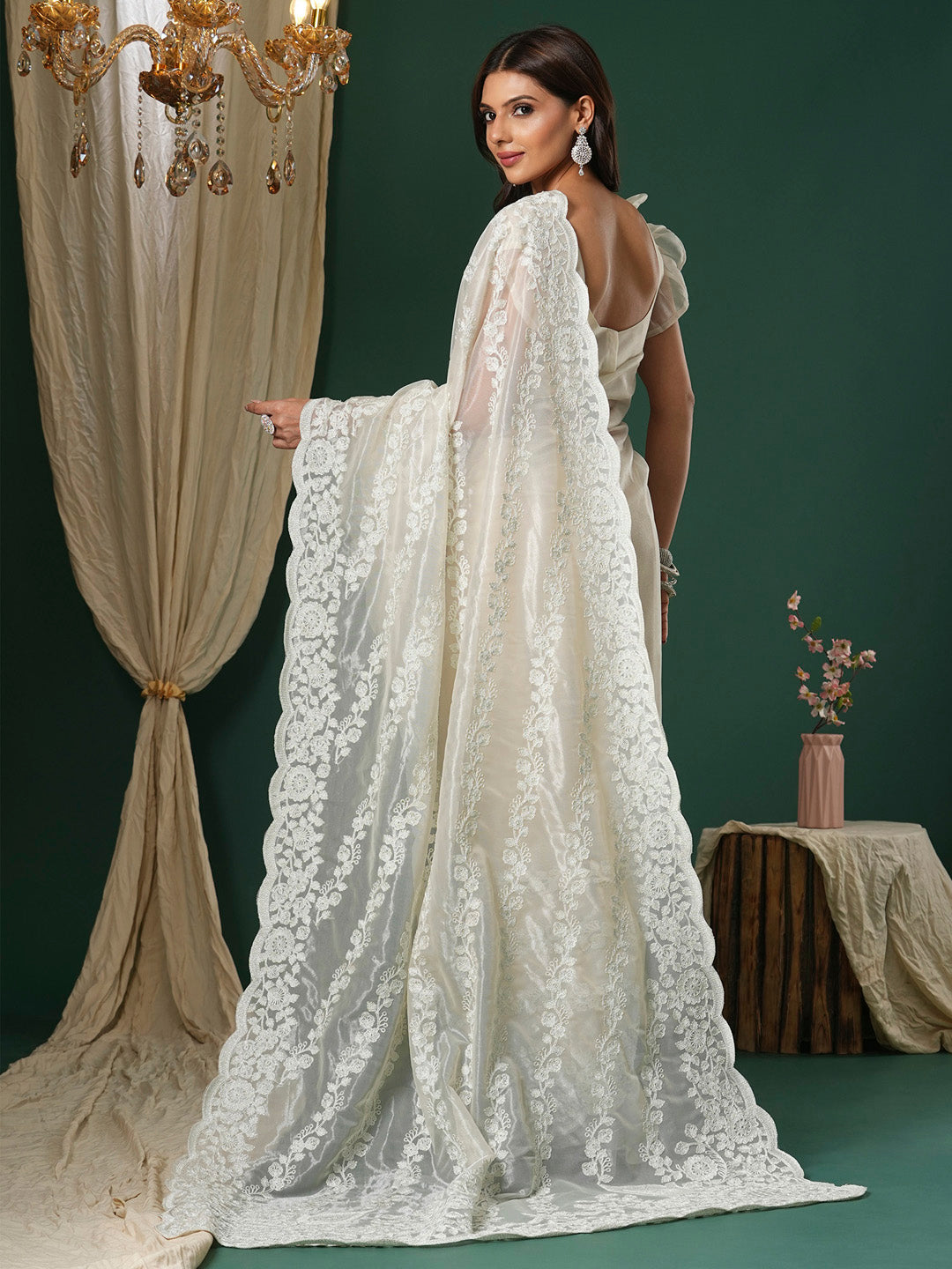 Women's Organza Beige Embroidered Designer Saree With Blouse Piece