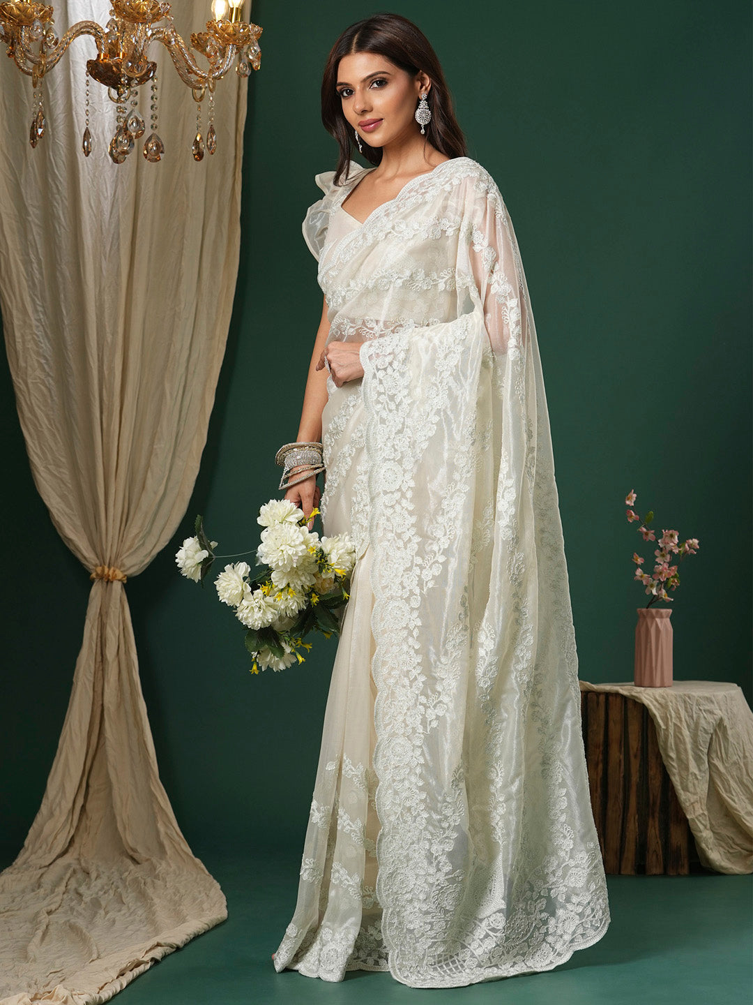 Women's Organza Beige Embroidered Designer Saree With Blouse Piece