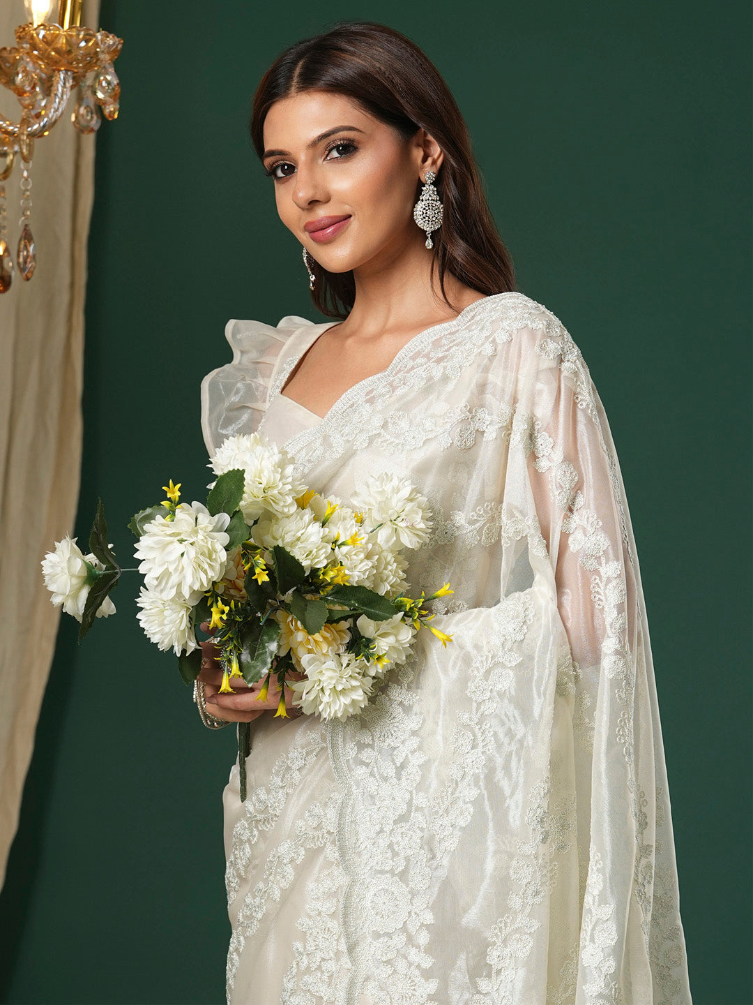 Women's Organza Beige Embroidered Designer Saree With Blouse Piece