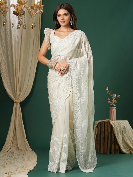 Women's Organza Beige Embroidered Designer Saree With Blouse Piece