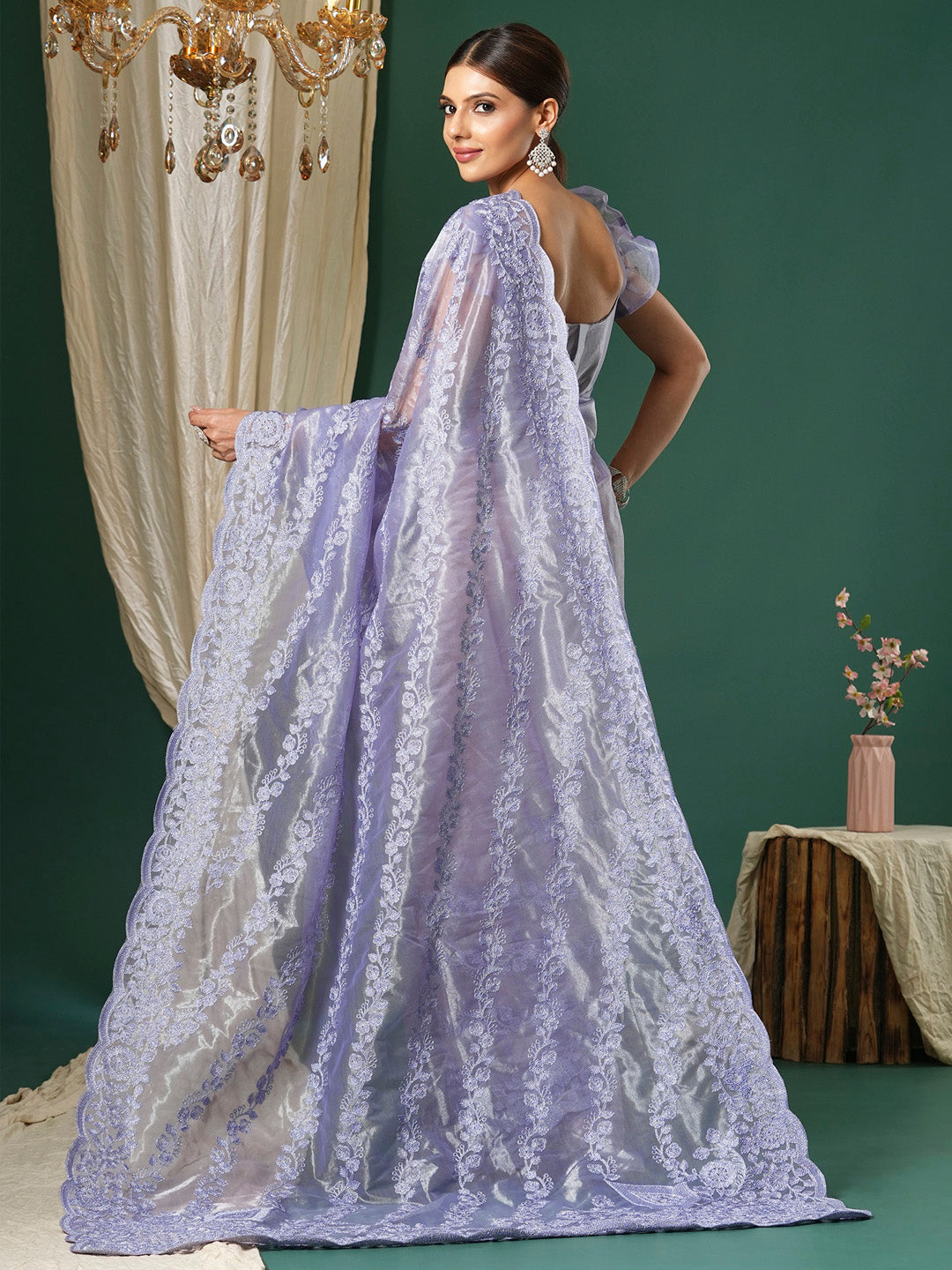 Women's Organza Lavendar Embroidered Designer Saree With Blouse Piece