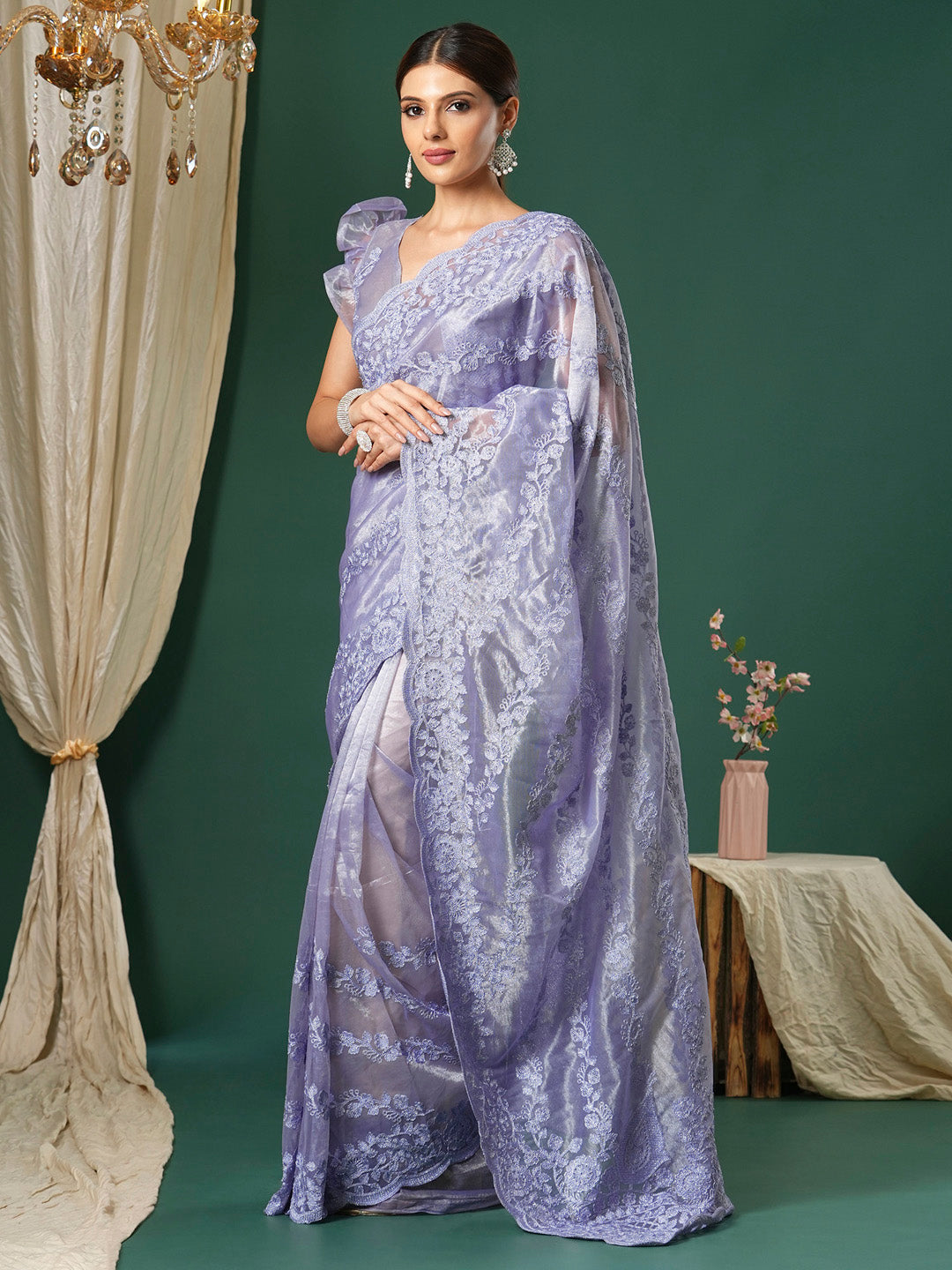 Women's Organza Lavendar Embroidered Designer Saree With Blouse Piece