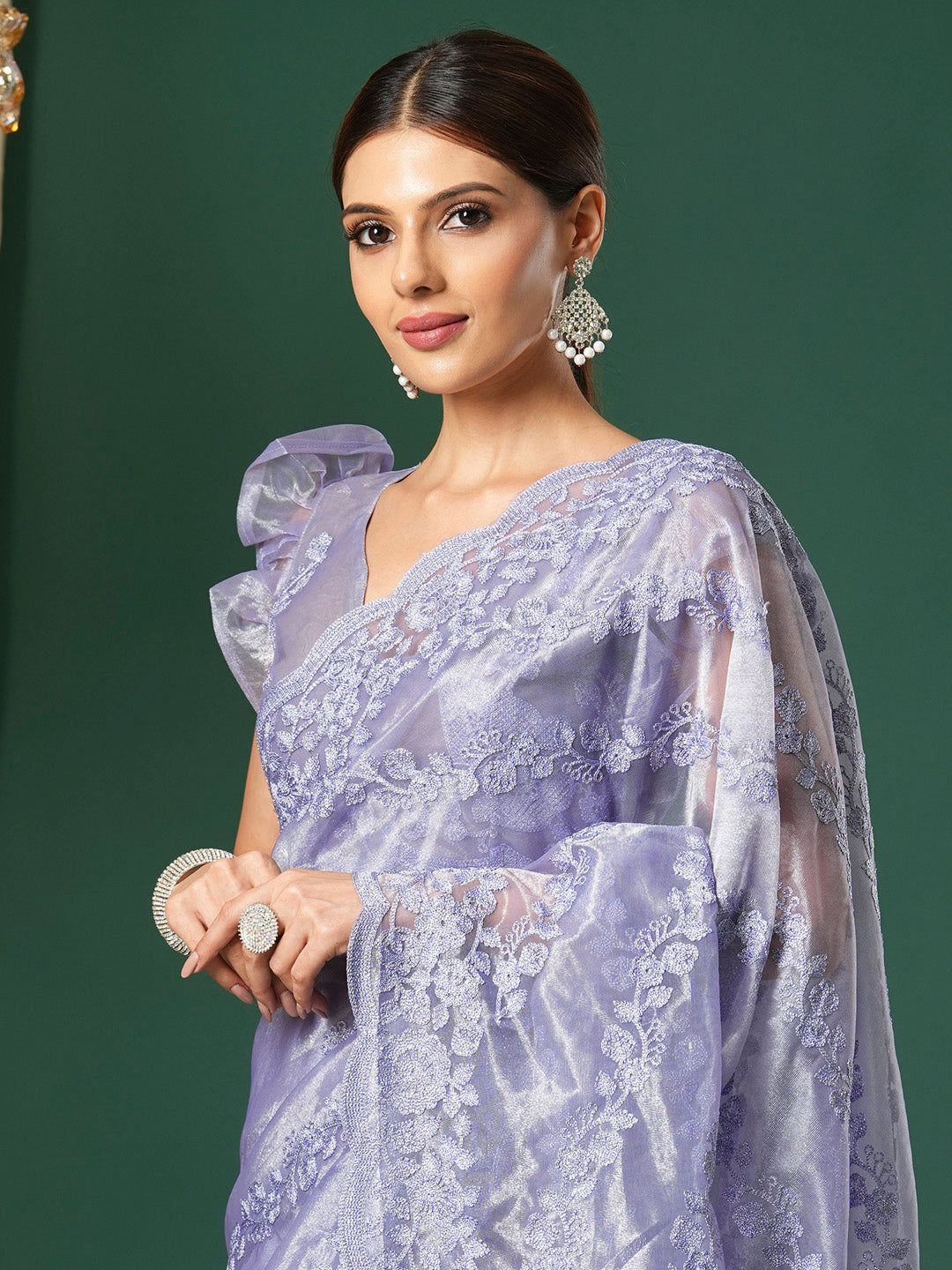 Women's Organza Lavendar Embroidered Designer Saree With Blouse Piece