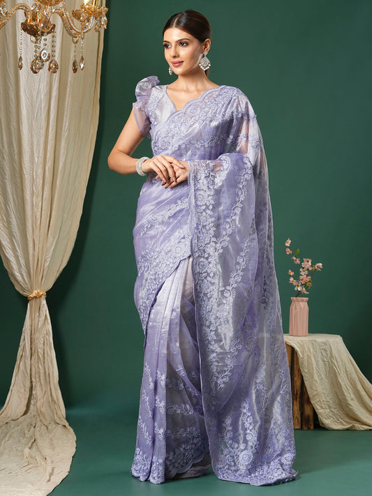 Women's Organza Lavendar Embroidered Designer Saree With Blouse Piece