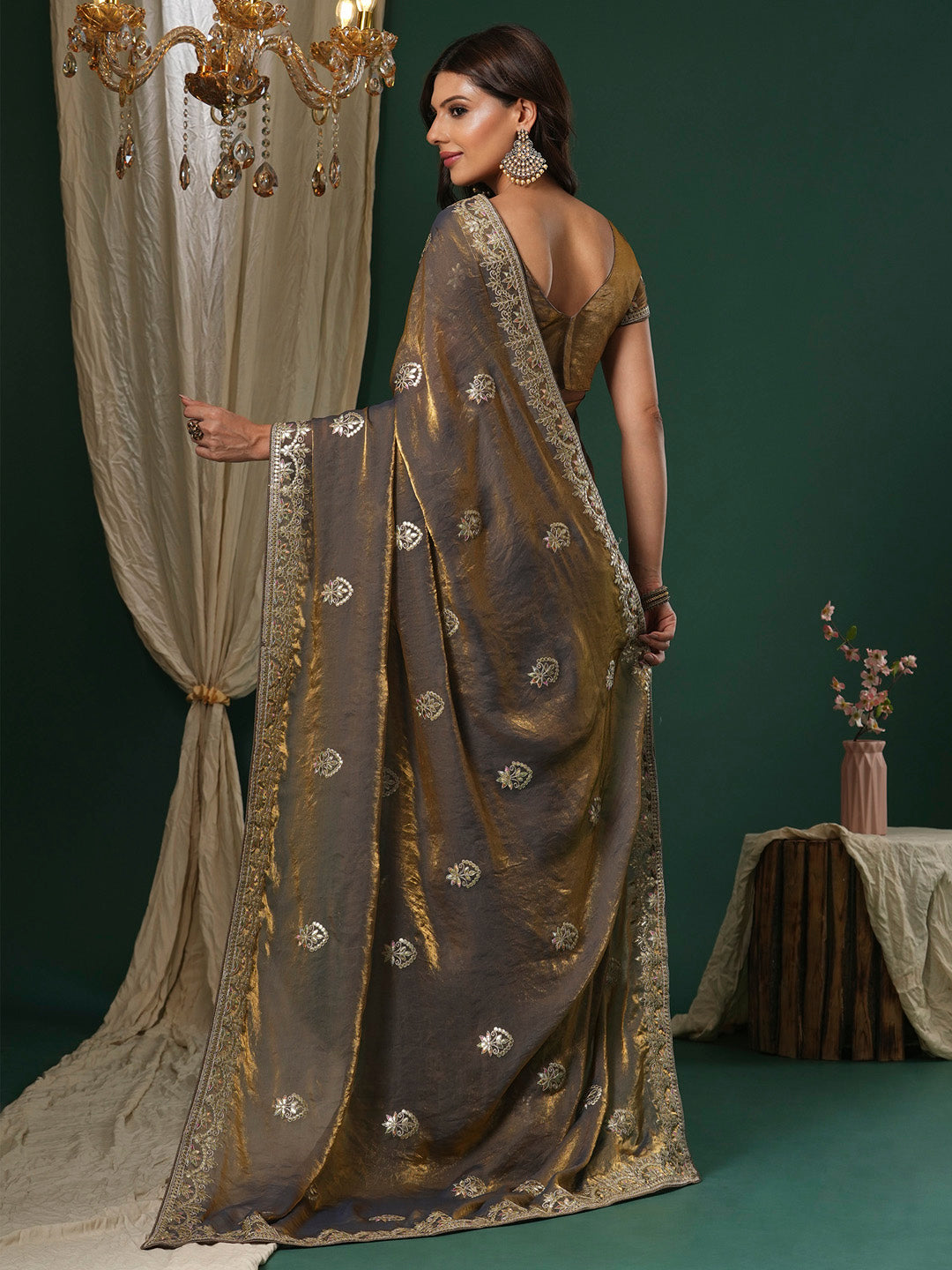Women's Satin Silk Bronze Embroidered Designer Saree With Blouse Piece