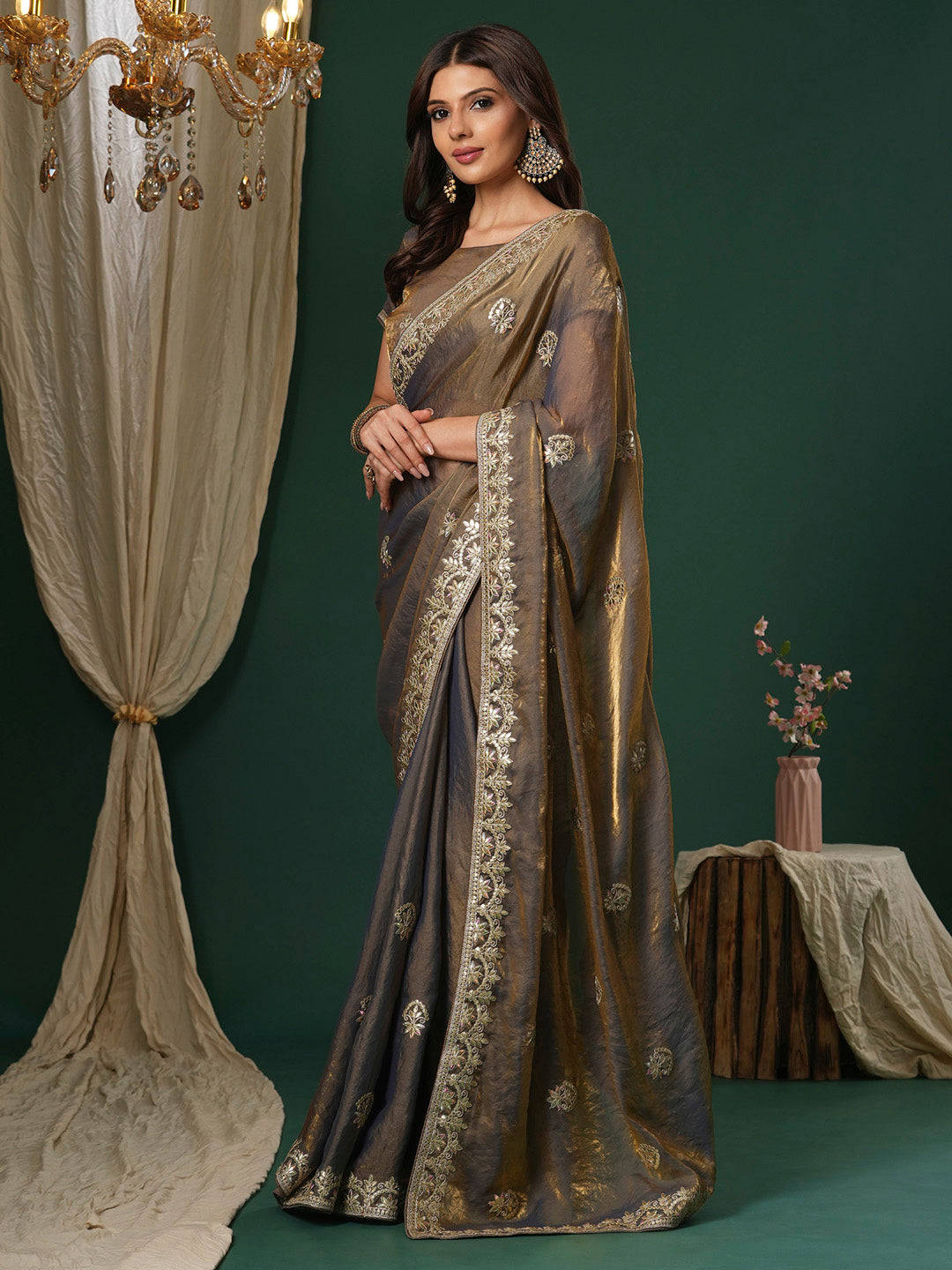 Women's Satin Silk Bronze Embroidered Designer Saree With Blouse Piece