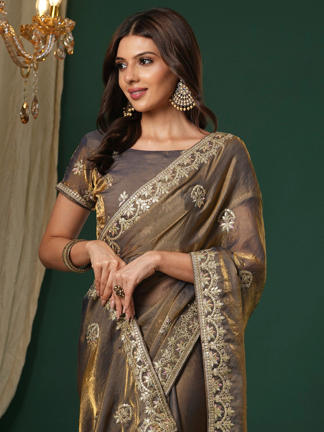 Women's Satin Silk Bronze Embroidered Designer Saree With Blouse Piece