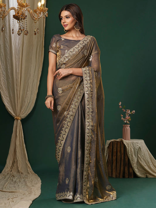 Women's Satin Silk Bronze Embroidered Designer Saree With Blouse Piece
