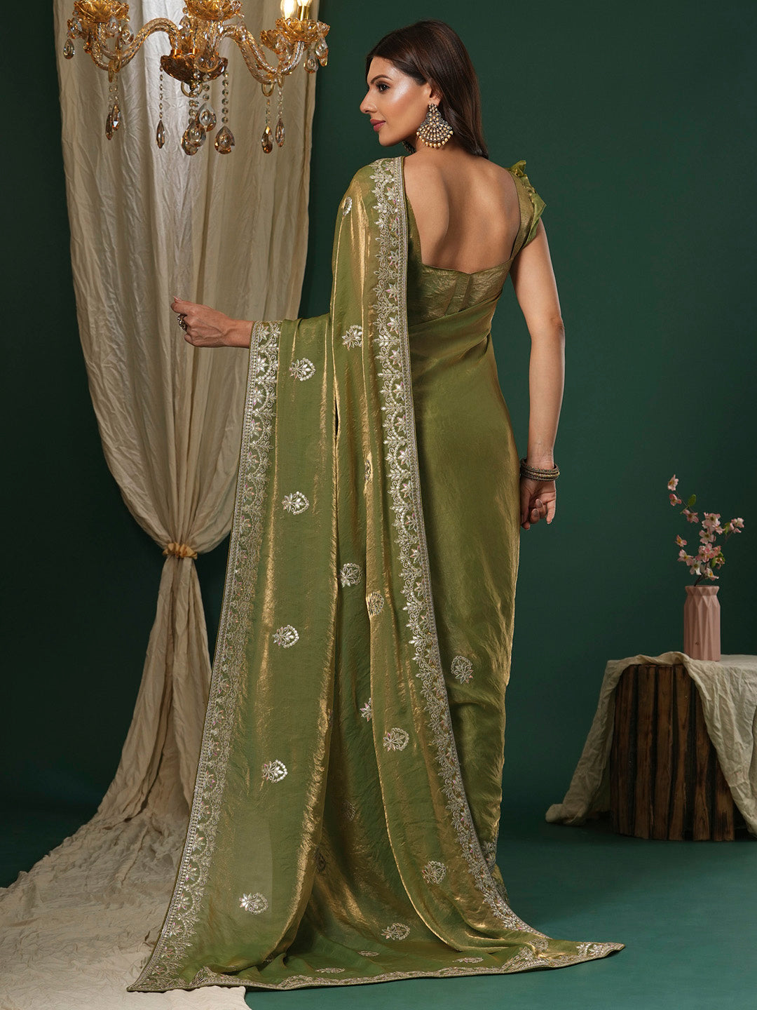 Women's Satin Silk Light Green Embroidered Designer Saree With Blouse Piece