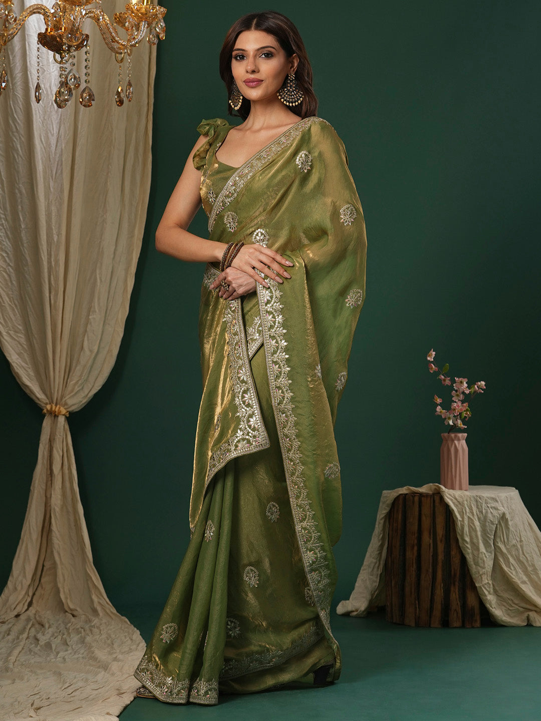 Women's Satin Silk Light Green Embroidered Designer Saree With Blouse Piece