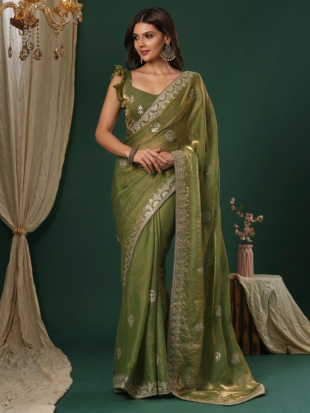 Women's Satin Silk Light Green Embroidered Designer Saree With Blouse Piece