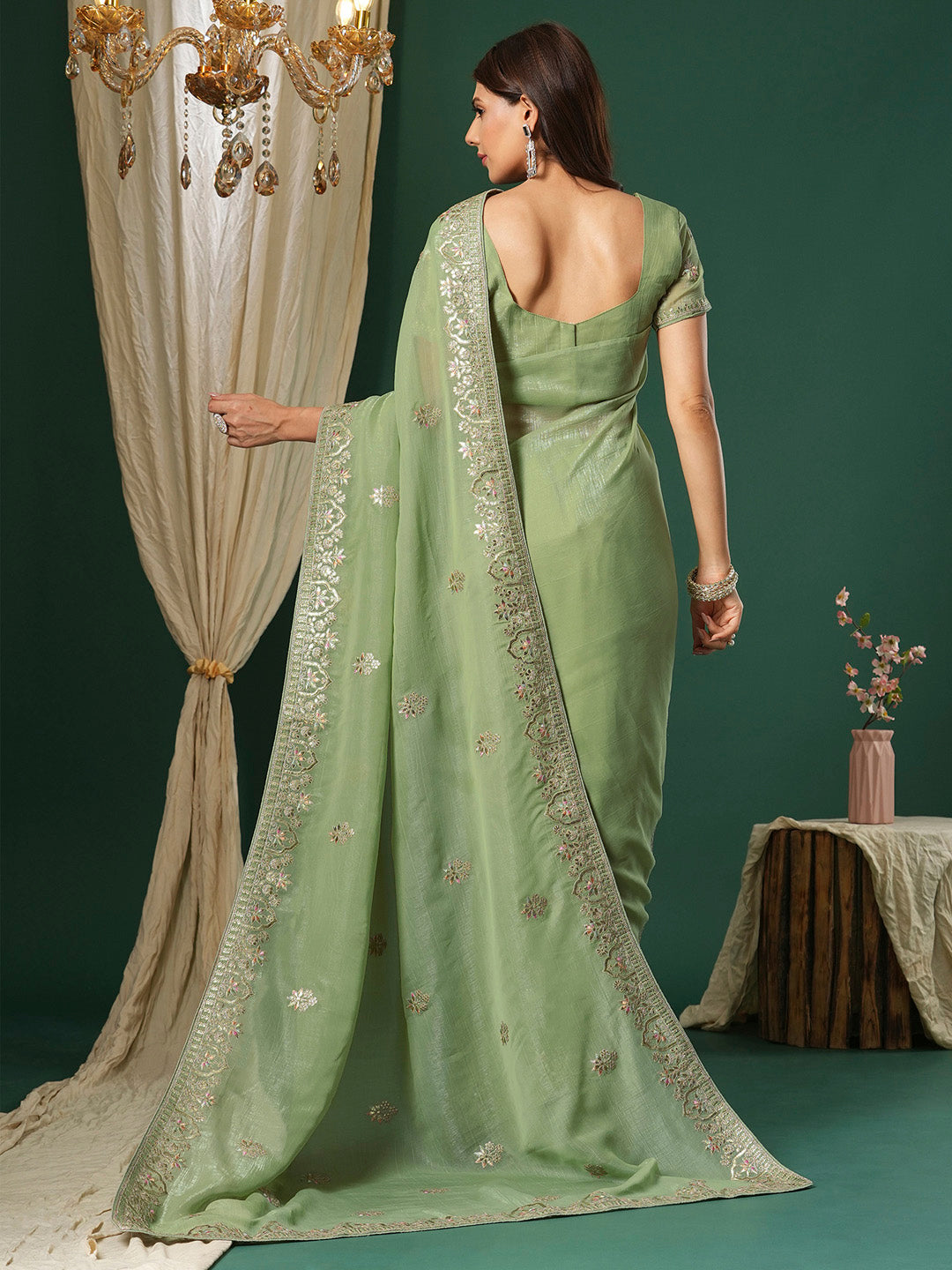 Women's Satin Silk Light Green Embroidered Designer Saree With Blouse Piece