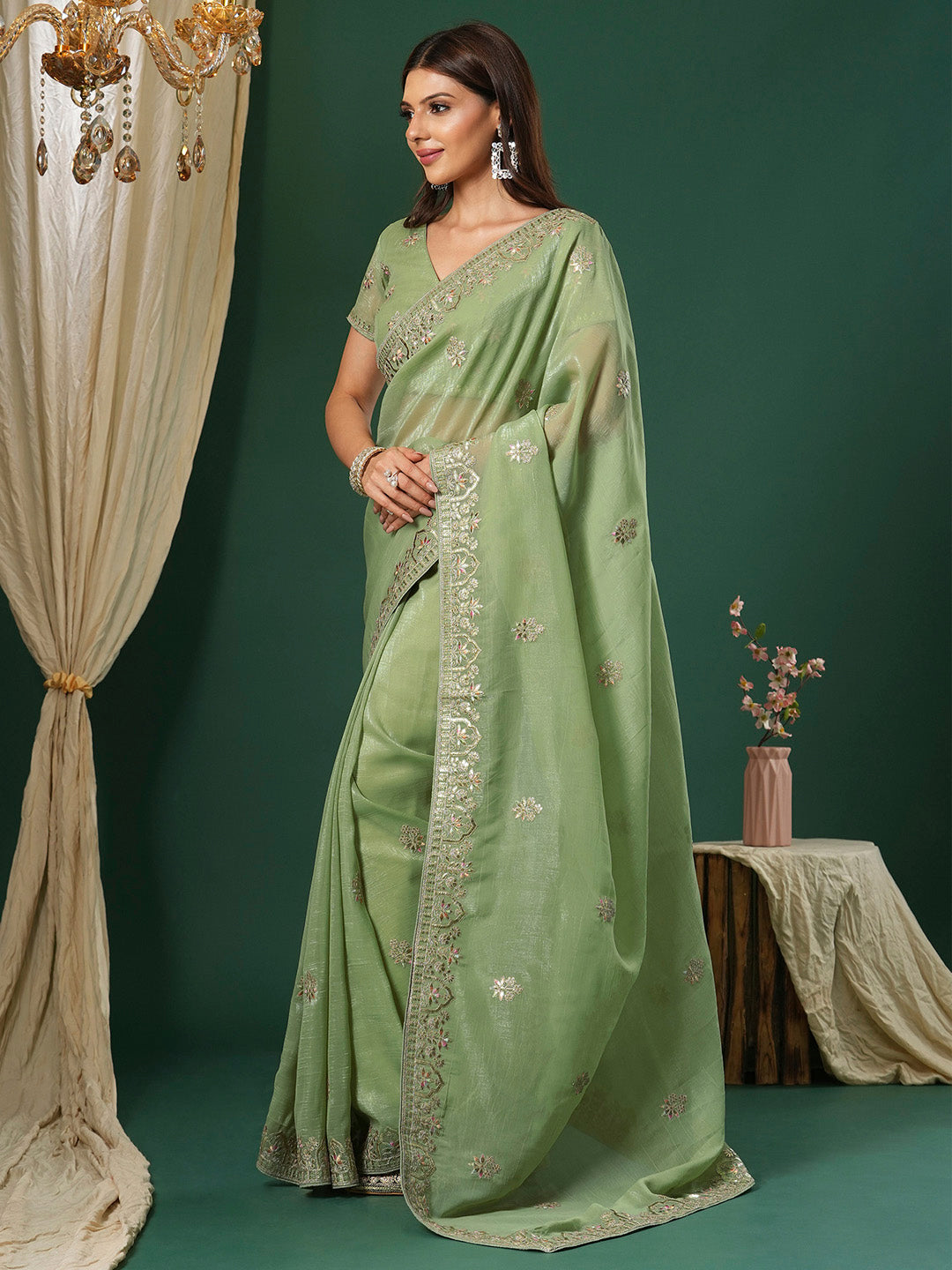 Women's Satin Silk Light Green Embroidered Designer Saree With Blouse Piece