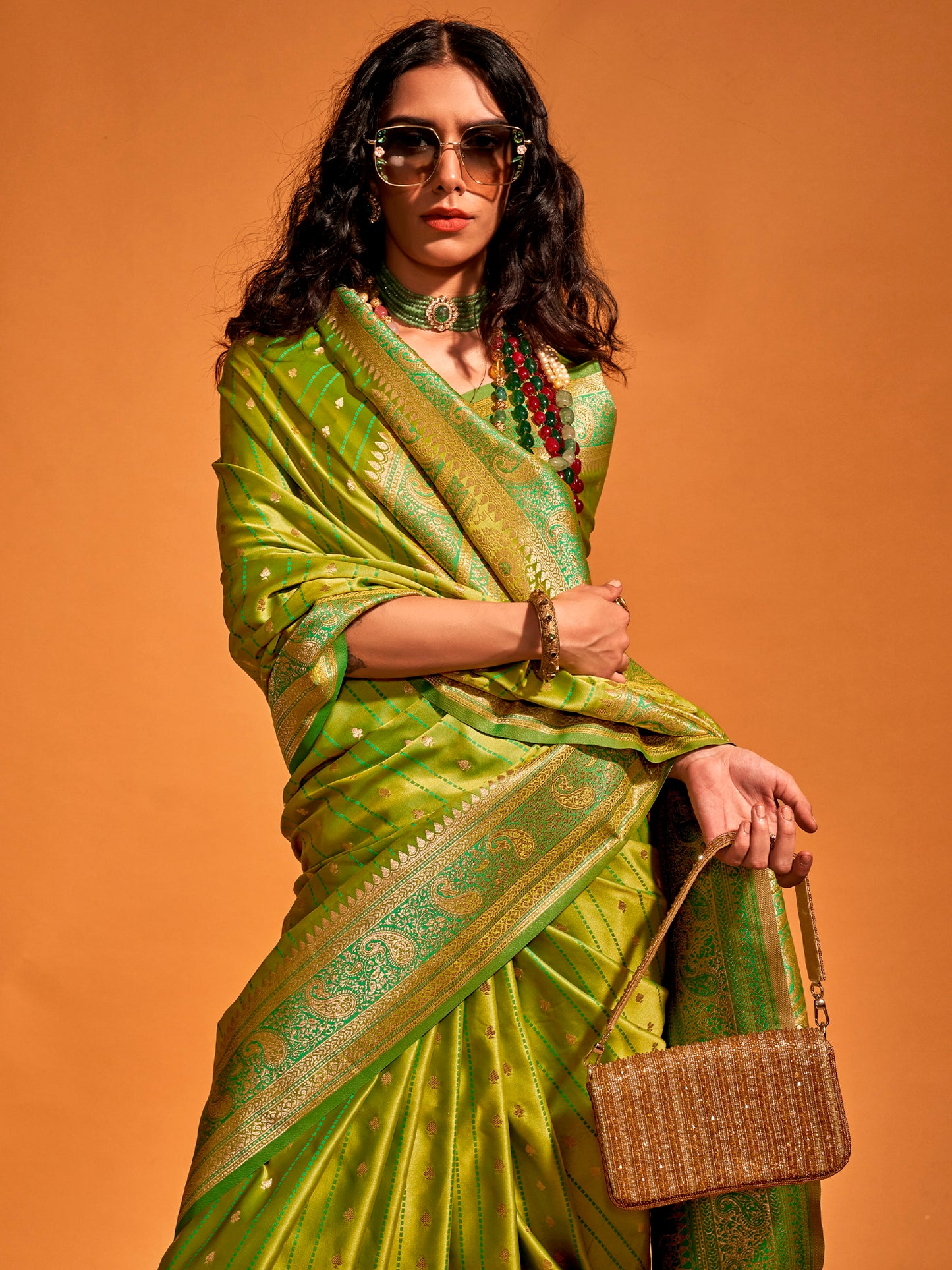 Women's Satin Silk Light Green Woven Design Designer Saree With Blouse Piece