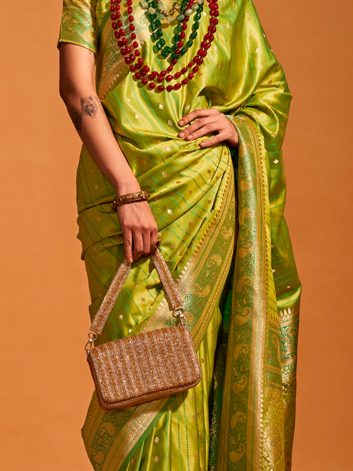 Women's Satin Silk Light Green Woven Design Designer Saree With Blouse Piece