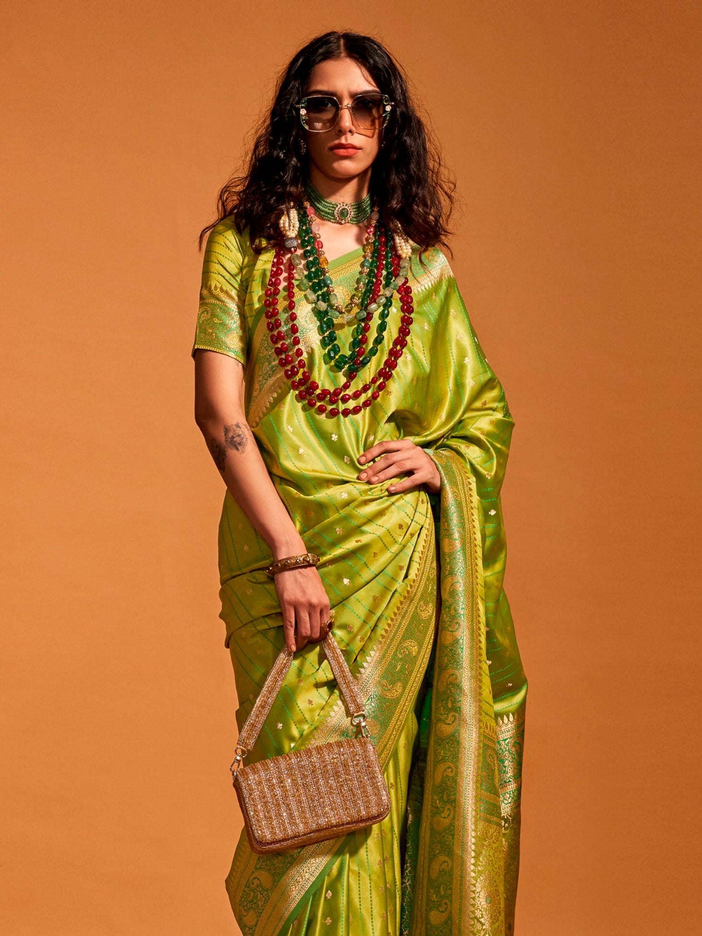 Women's Satin Silk Light Green Woven Design Designer Saree With Blouse Piece