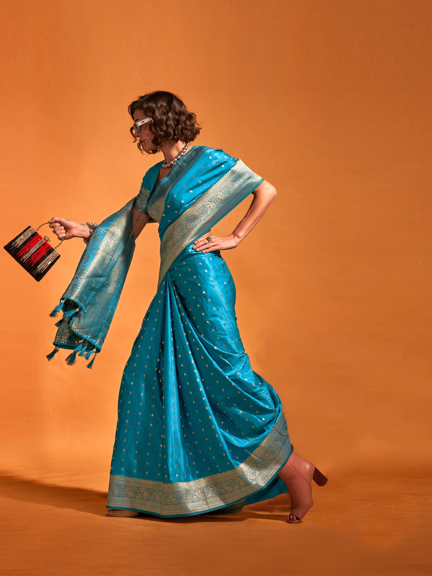 Women's Satin Silk Light Blue Woven Design Designer Saree With Blouse Piece