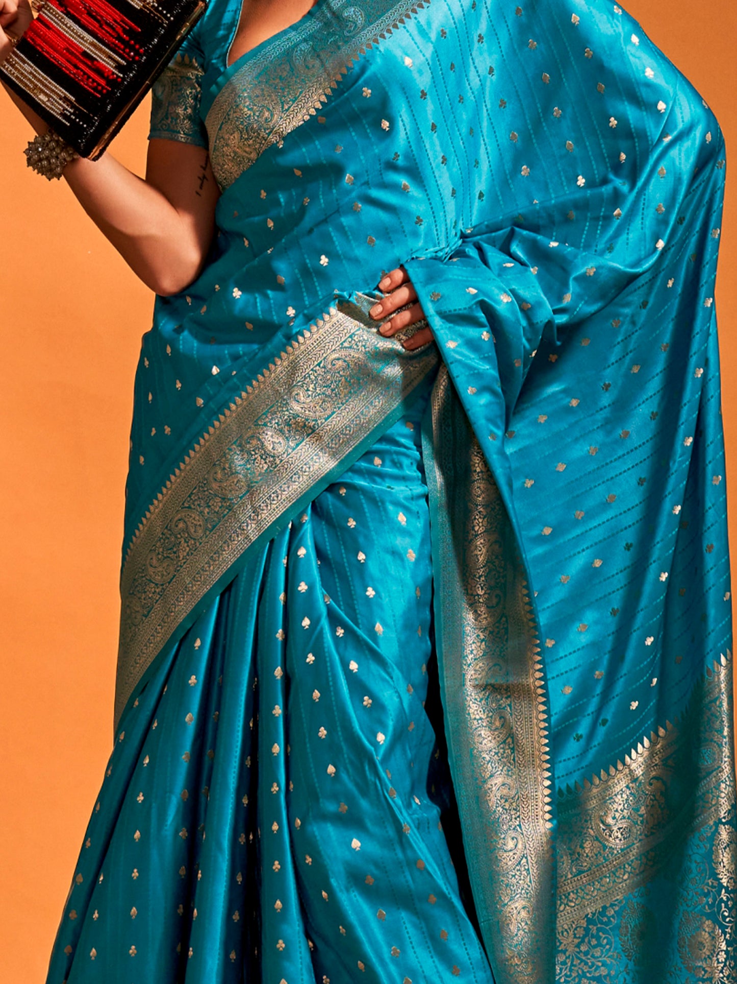 Women's Satin Silk Light Blue Woven Design Designer Saree With Blouse Piece
