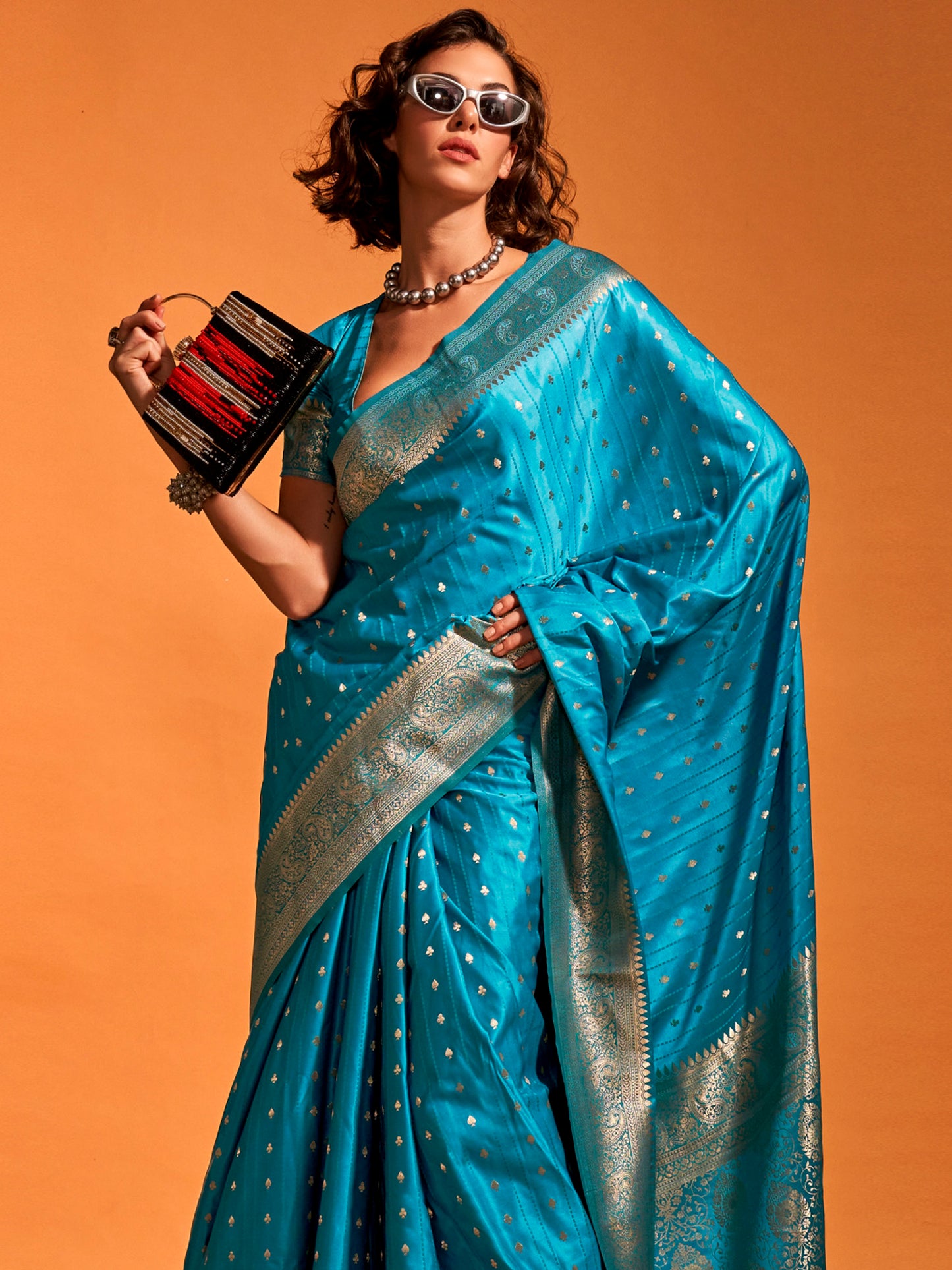 Women's Satin Silk Light Blue Woven Design Designer Saree With Blouse Piece