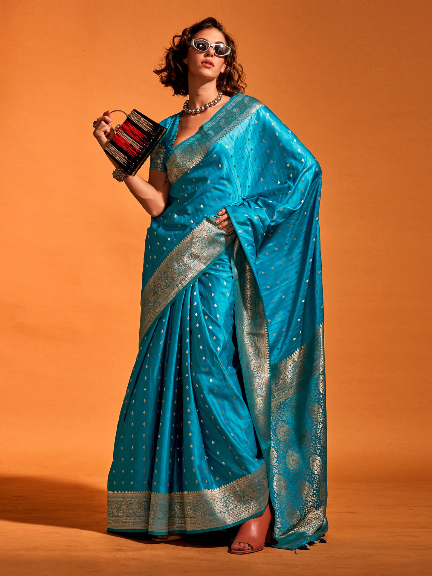 Women's Satin Silk Light Blue Woven Design Designer Saree With Blouse Piece