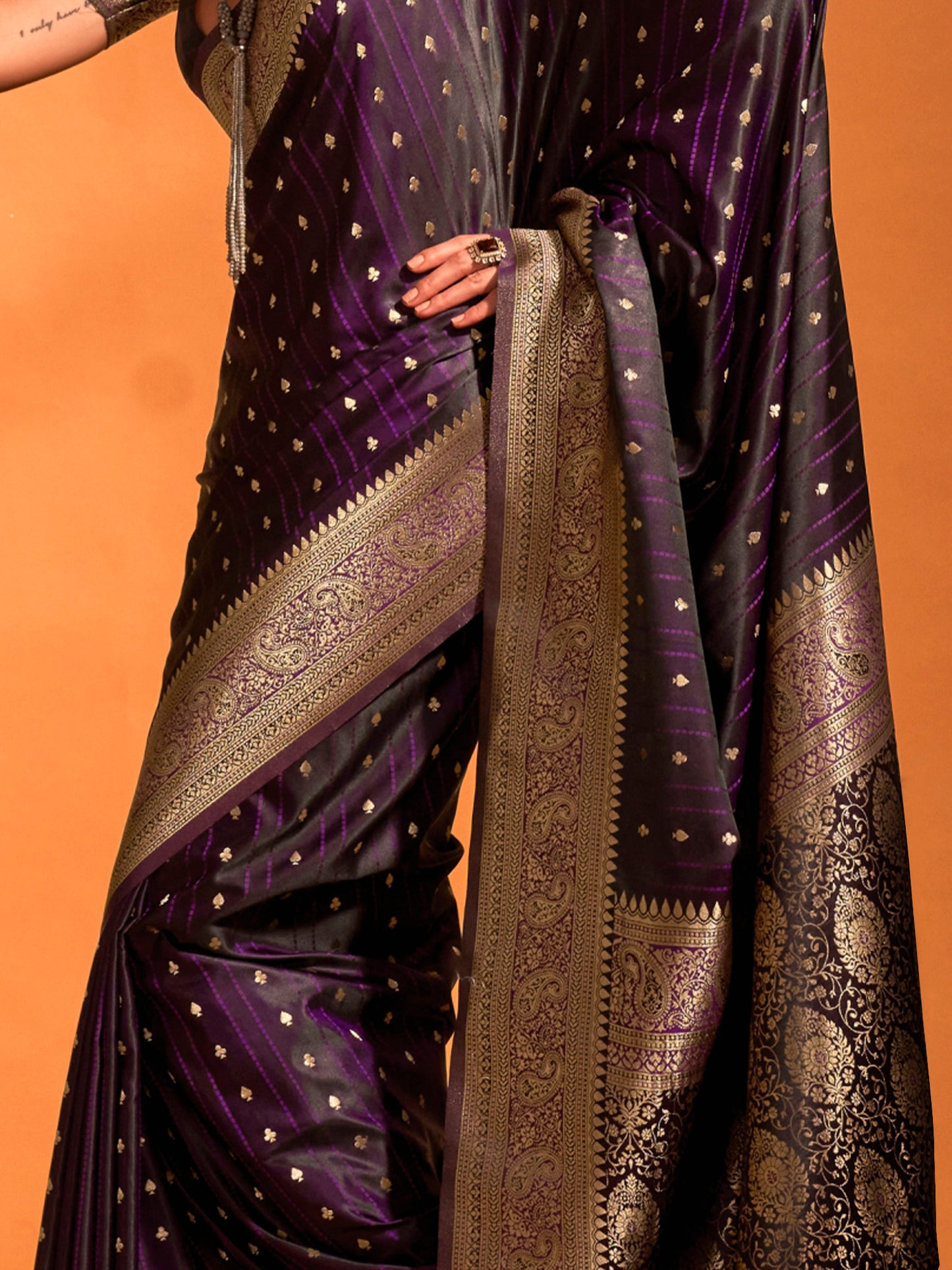 Women's Satin Silk Purple Woven Design Designer Saree With Blouse Piece