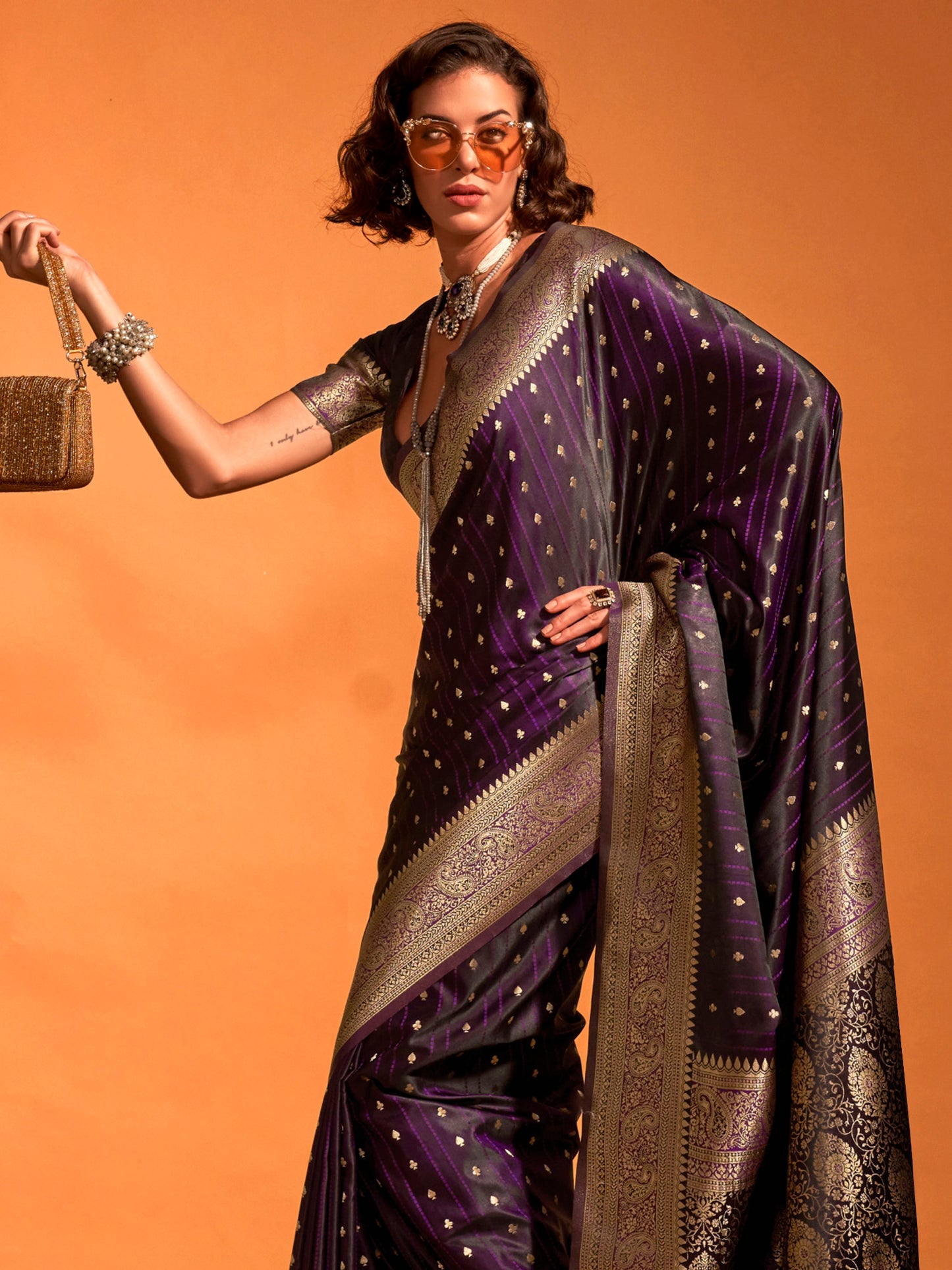 Women's Satin Silk Purple Woven Design Designer Saree With Blouse Piece