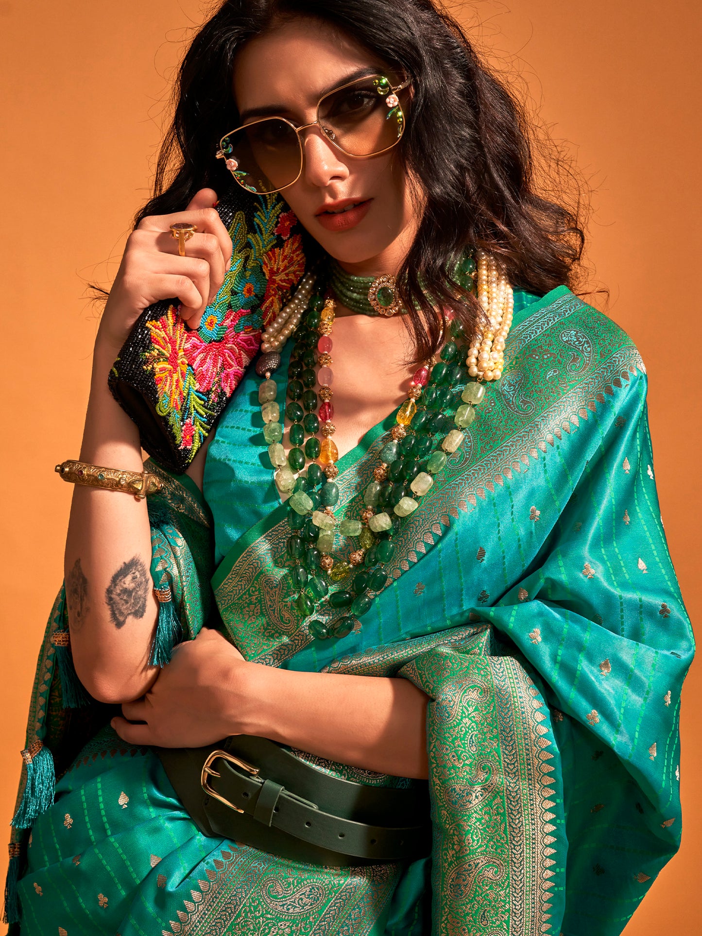 Women's Satin Silk Teal blue Woven Design Designer Saree With Blouse Piece