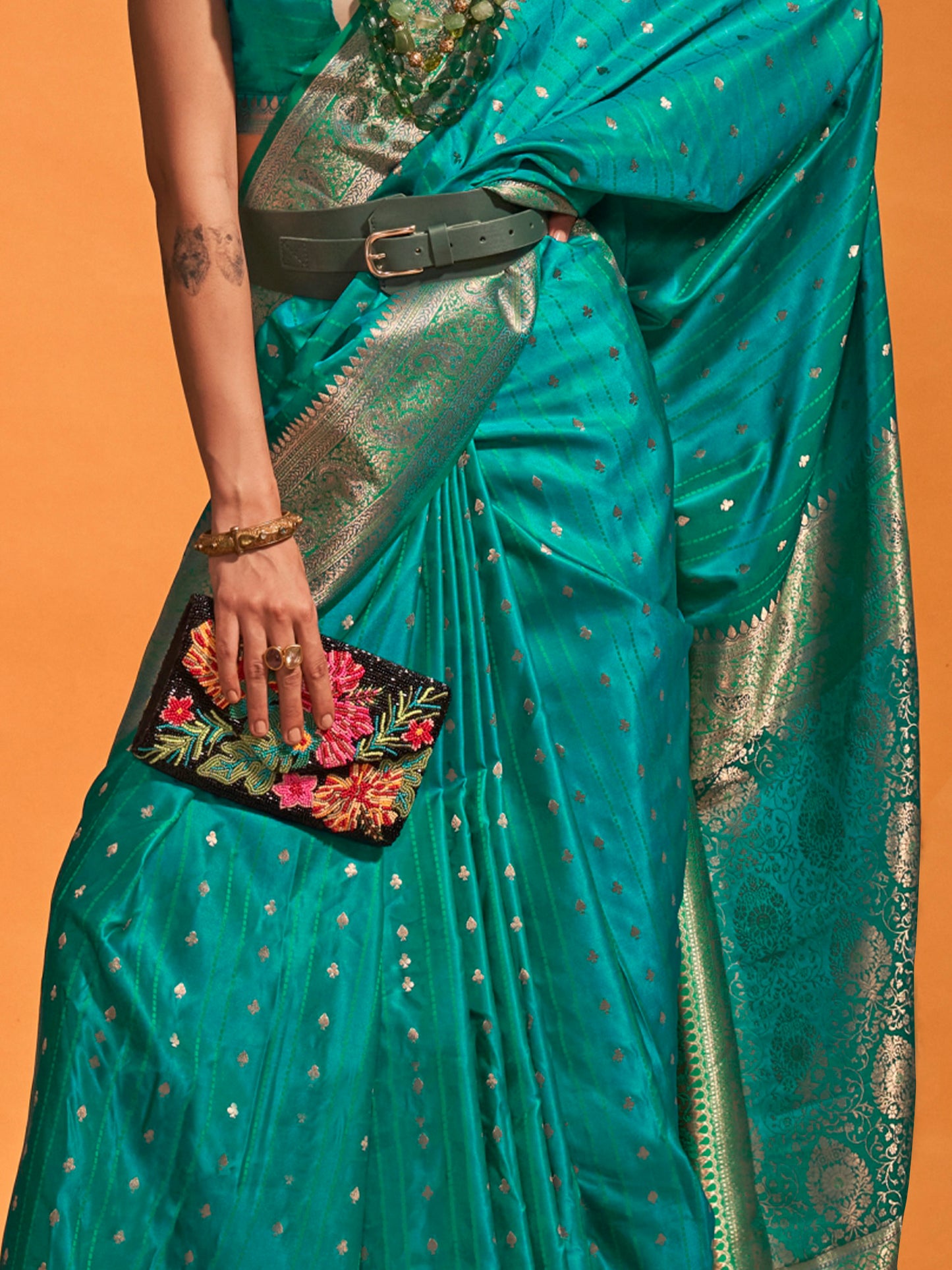 Women's Satin Silk Teal blue Woven Design Designer Saree With Blouse Piece