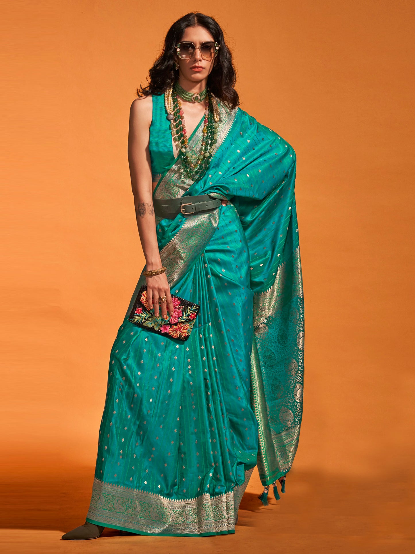 Women's Satin Silk Teal blue Woven Design Designer Saree With Blouse Piece