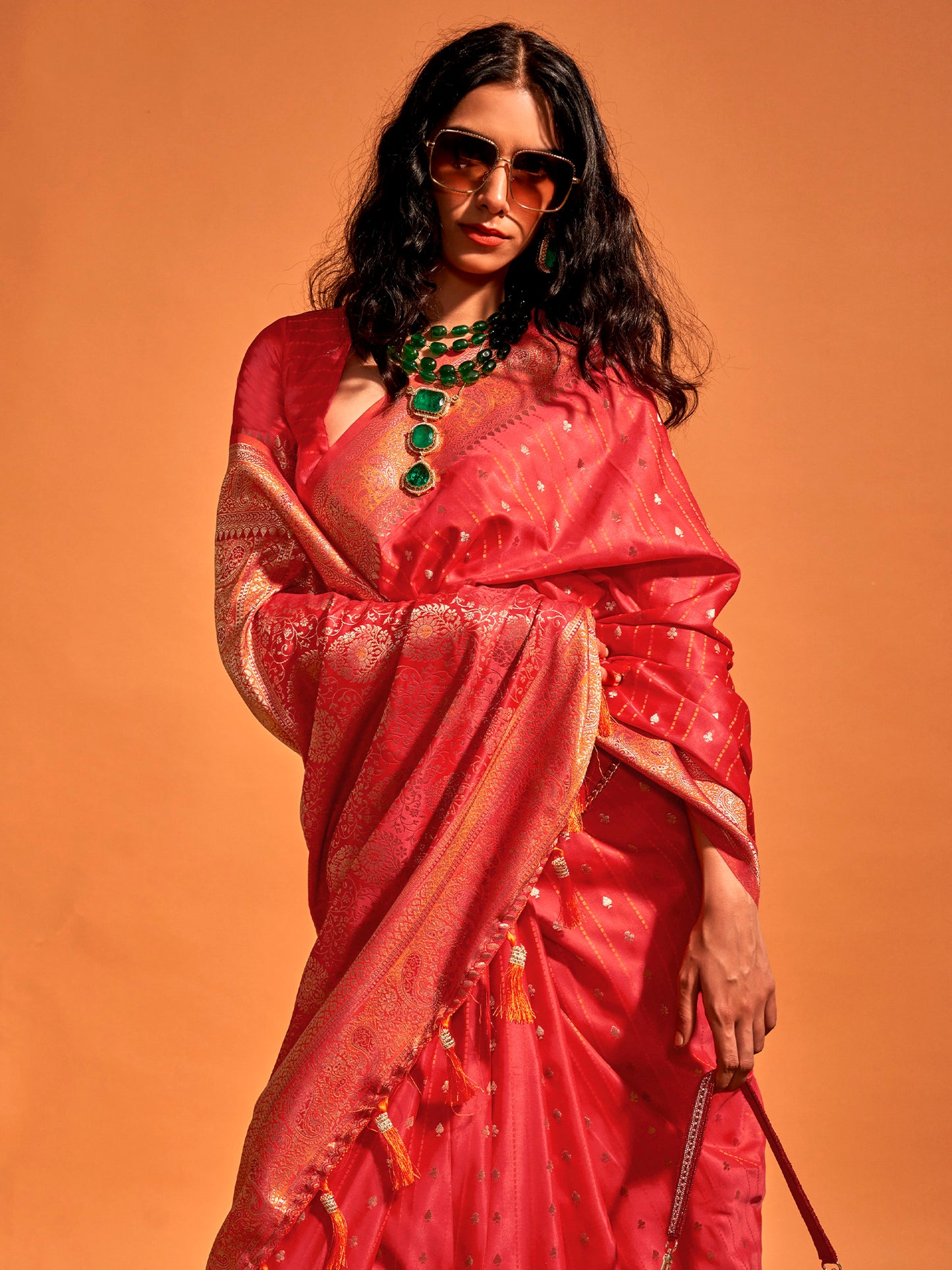 Women's Satin Silk Red Woven Design Designer Saree With Blouse Piece