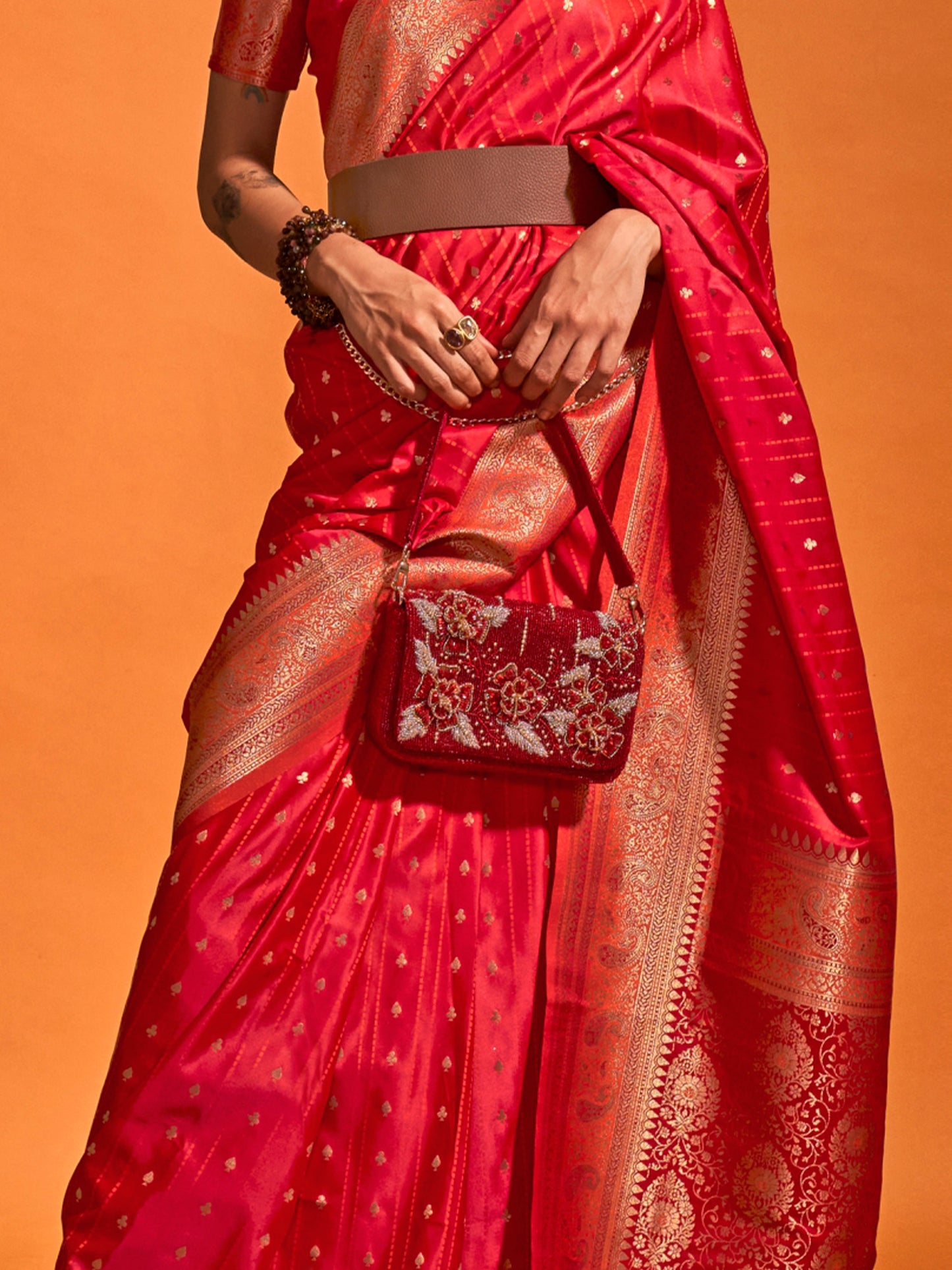 Women's Satin Silk Red Woven Design Designer Saree With Blouse Piece