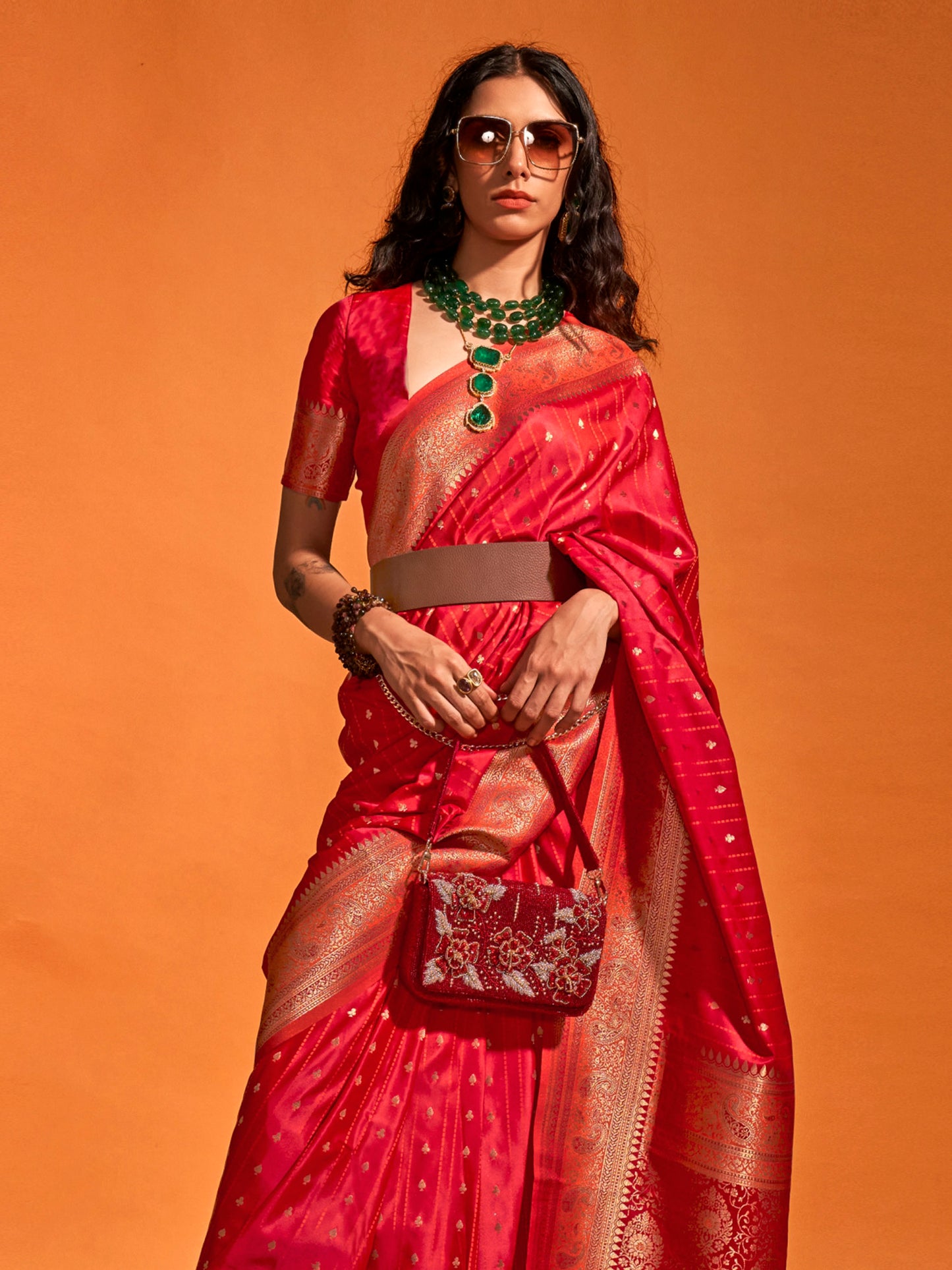 Women's Satin Silk Red Woven Design Designer Saree With Blouse Piece