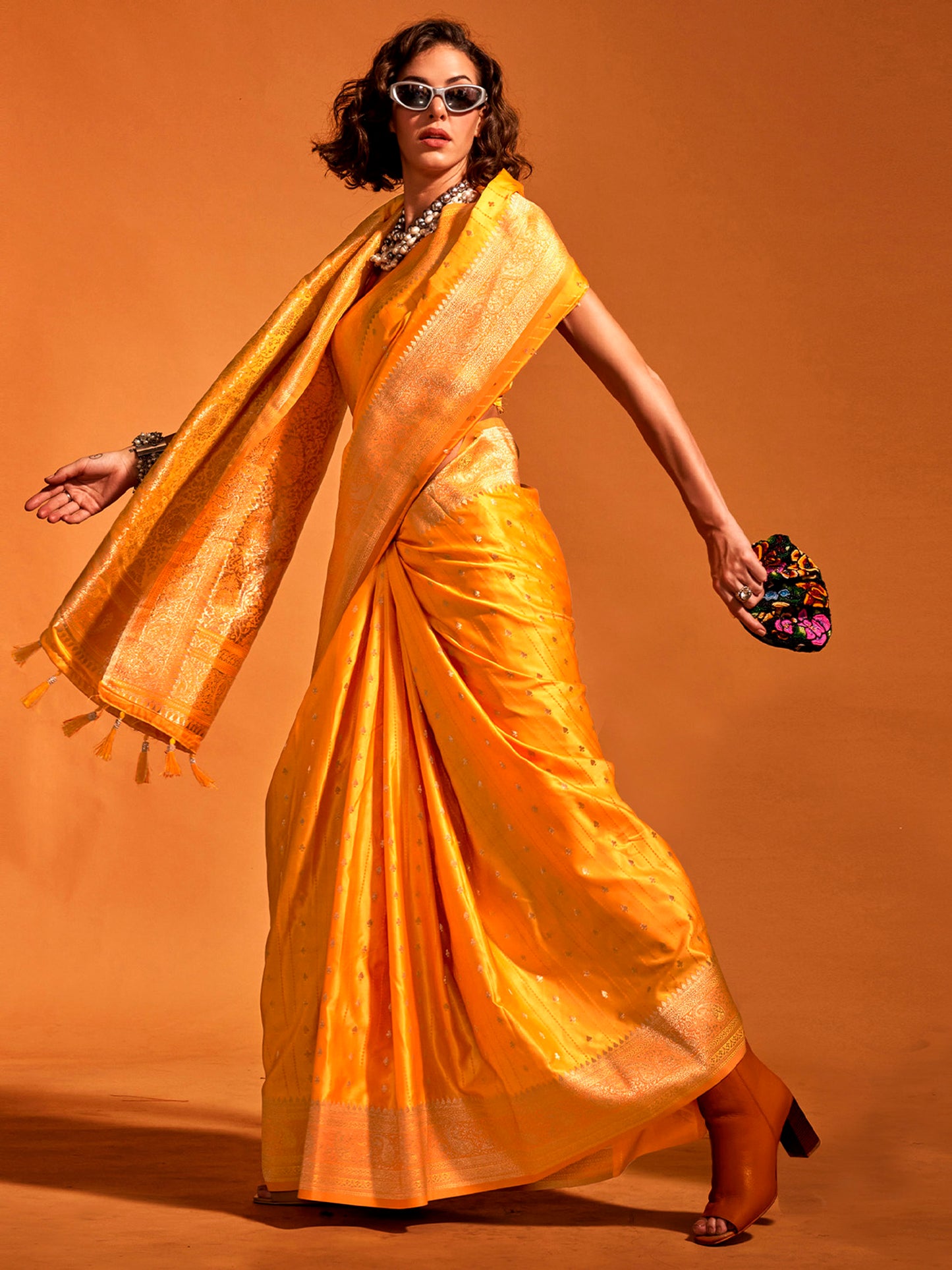 Women's Satin Silk Yellow Woven Design Designer Saree With Blouse Piece
