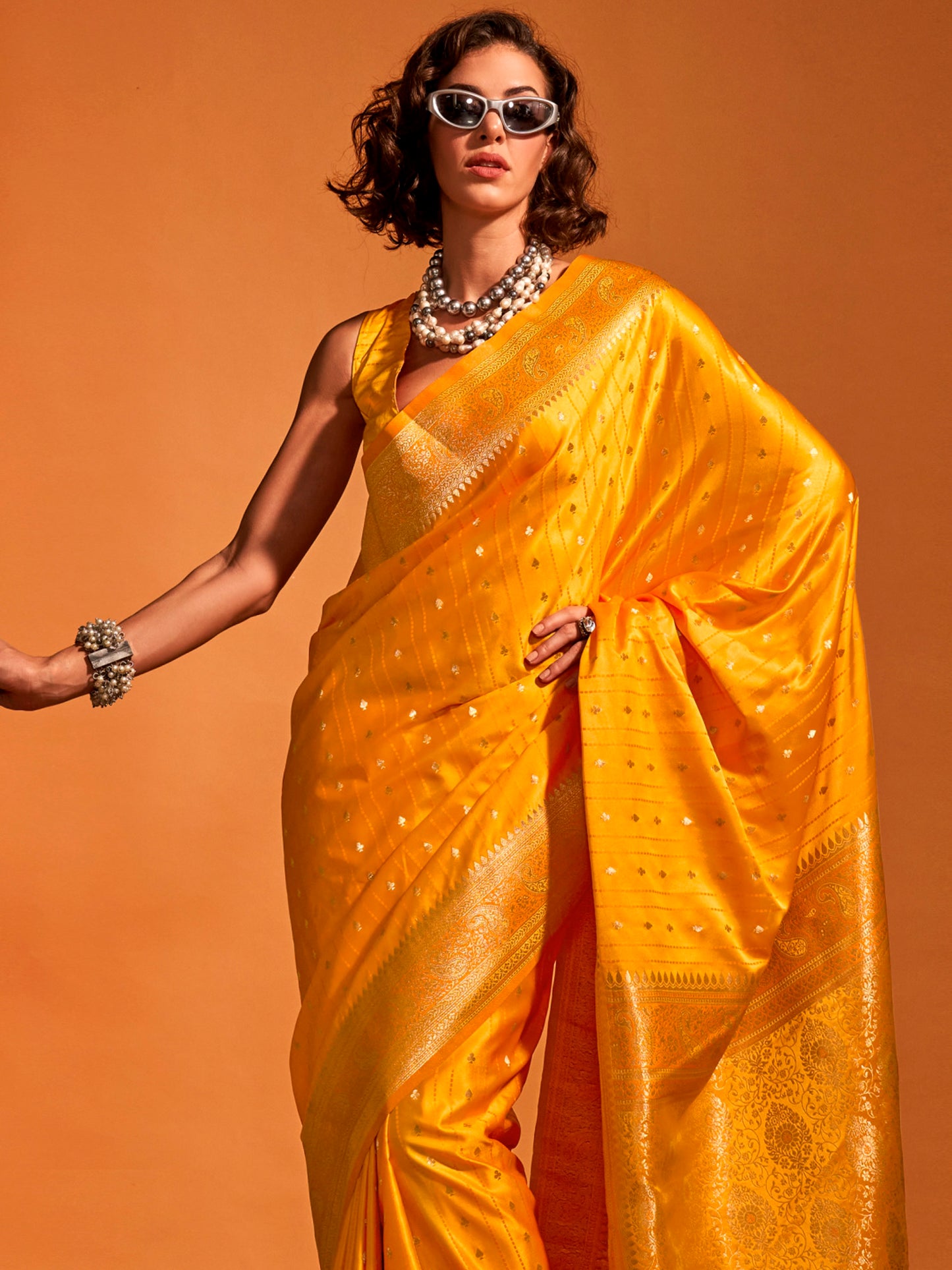 Women's Satin Silk Yellow Woven Design Designer Saree With Blouse Piece