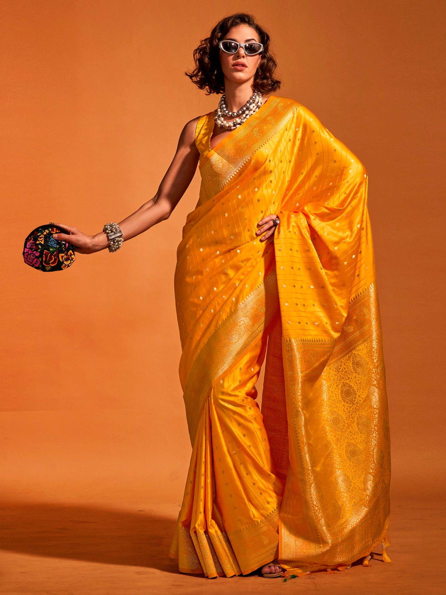 Women's Satin Silk Yellow Woven Design Designer Saree With Blouse Piece