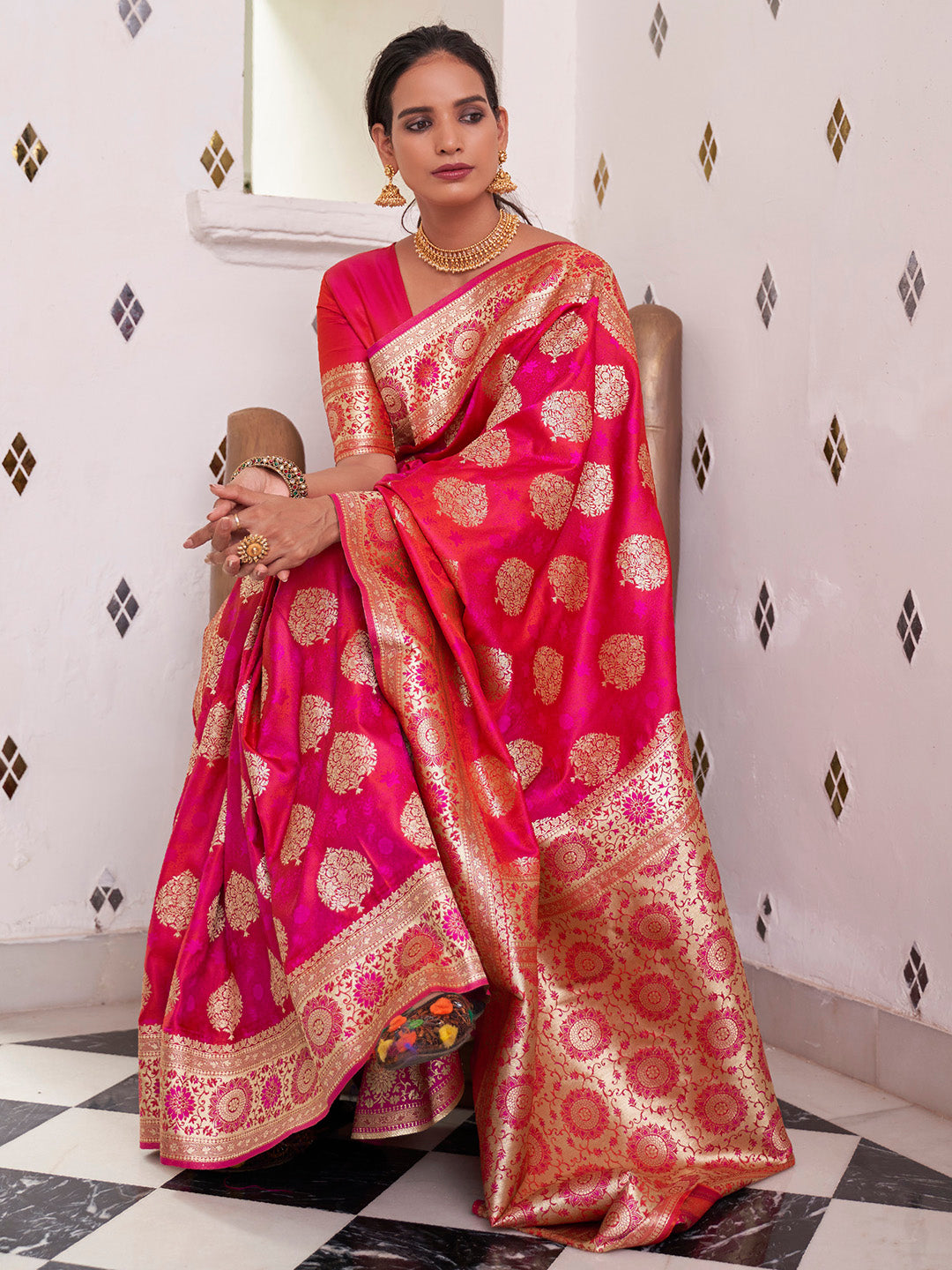 Women's Satin Silk Pink Woven Design Designer Saree With Blouse Piece